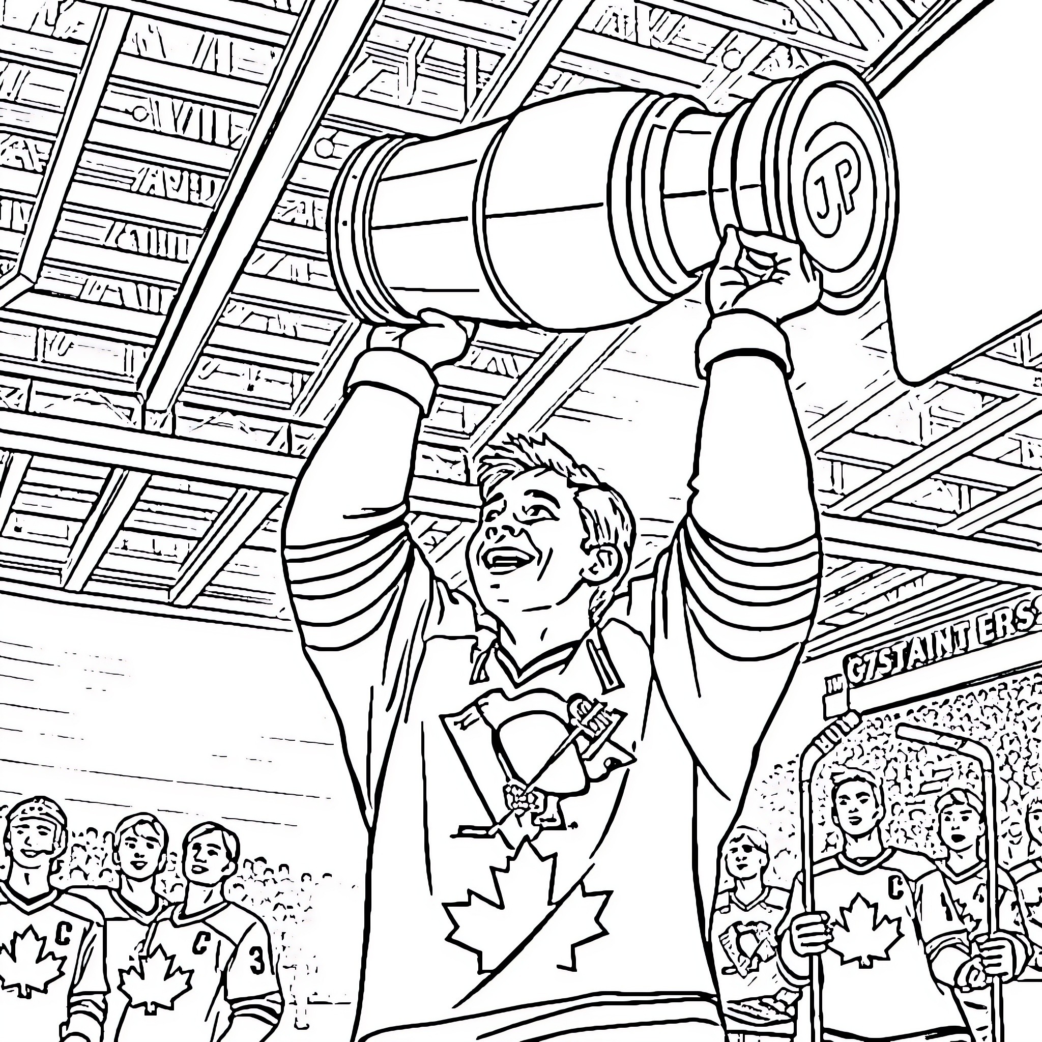 Sidney Crosby Celebrates Hockey Victory in Arena Coloring Page (free black-and-white line drawing printable PDF for all, from beginners to advanced learners, including children, teens, adults, and seniors)