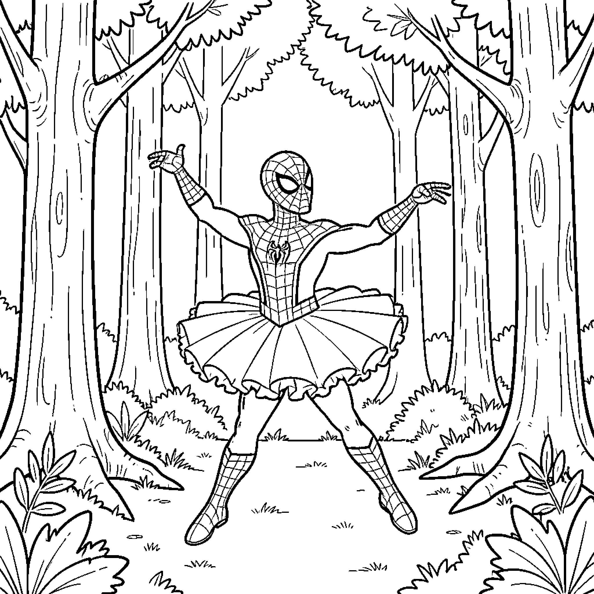 Spiderman dancing in a tutu in the forest Coloring Page (free black-and-white line drawing printable PDF for all, from beginners to advanced learners, including children, teens, adults, and seniors)