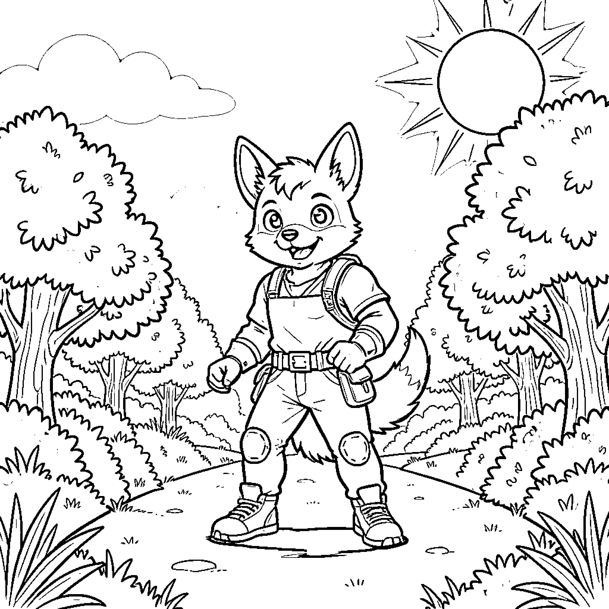 Huntrx Exploring the Vibrant Wilderness Coloring Page (free black-and-white line drawing printable PDF for all, from beginners to advanced learners, including children, teens, adults, and seniors)