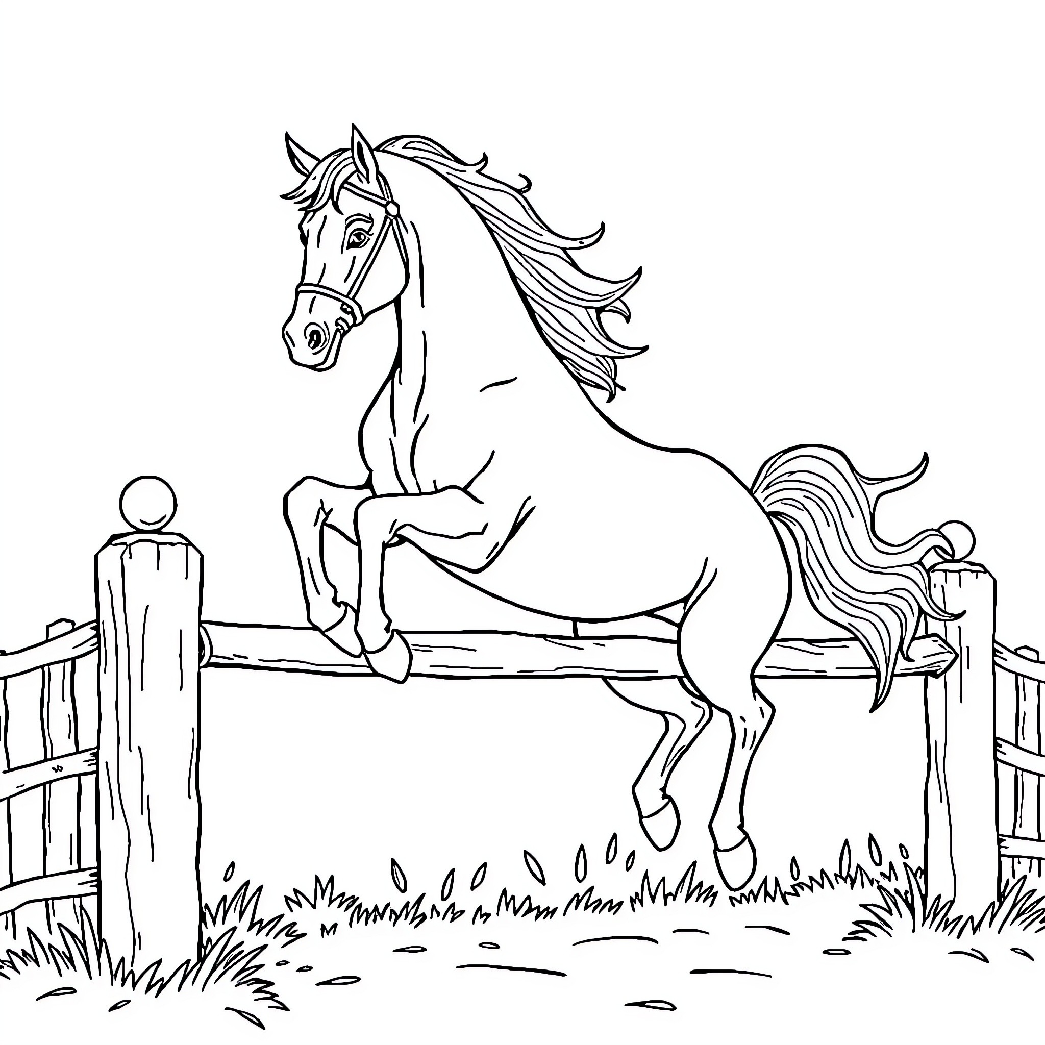 Horse galloping in a fenced field Coloring Page (free black-and-white line drawing printable PDF for all, from beginners to advanced learners, including children, teens, adults, and seniors)