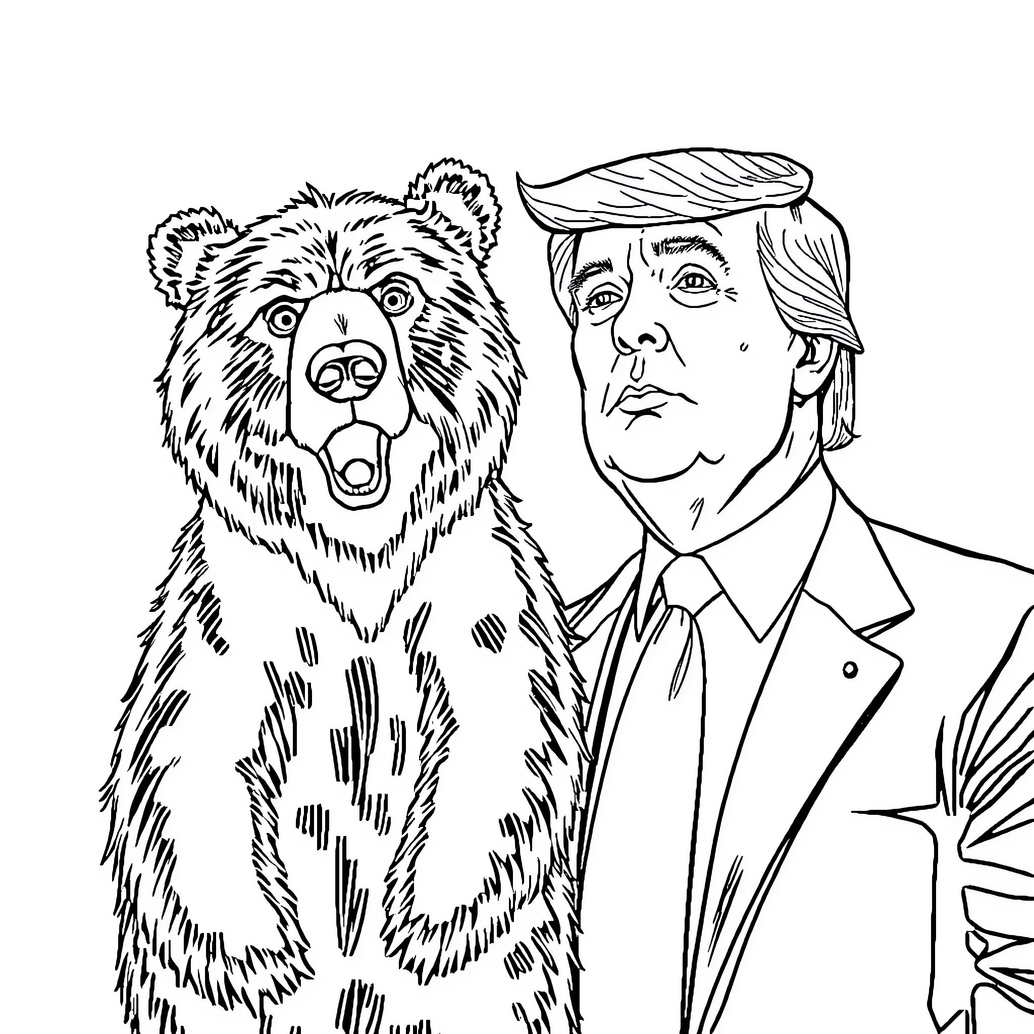 Bear and businessman standing together Coloring Page (free black-and-white line drawing printable PDF for all, from beginners to advanced learners, including children, teens, adults, and seniors)
