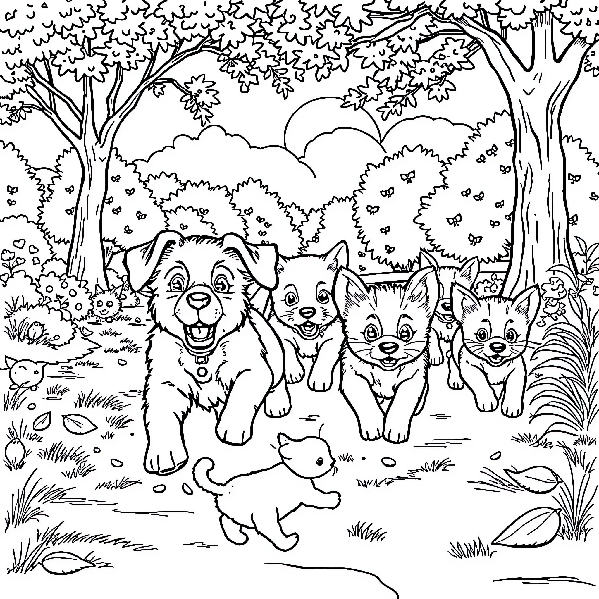 Puppy Playtime in the Forest Coloring Page (free black-and-white line drawing printable PDF for all, from beginners to advanced learners, including children, teens, adults, and seniors)
