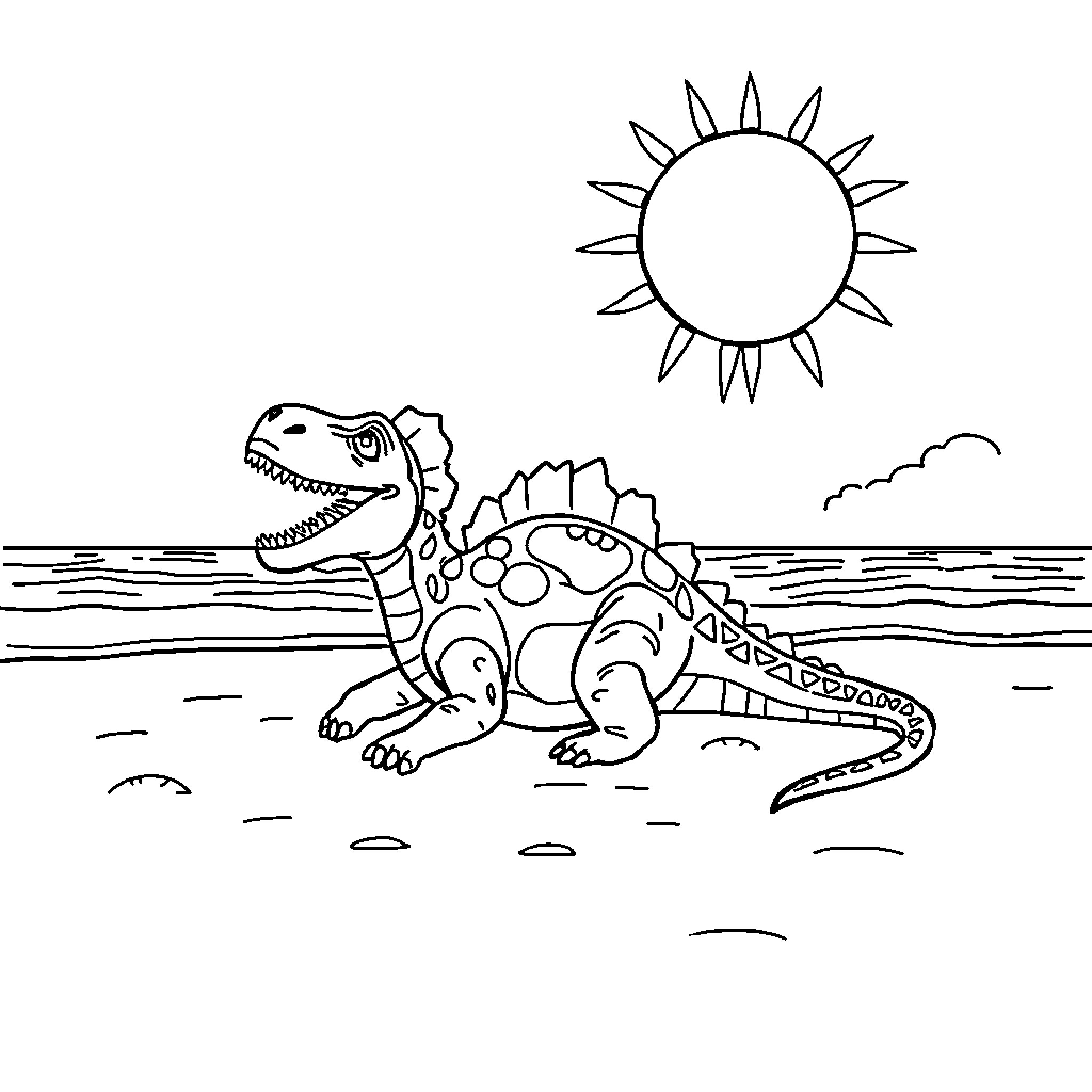 Dinosaur sunbathing on the beach Coloring Page (free black-and-white line drawing printable PDF for all, from beginners to advanced learners, including children, teens, adults, and seniors)