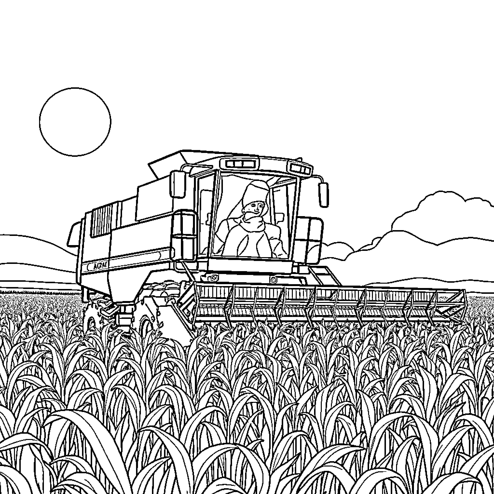 Combine Farmer Operating Harvesting Equipment in Field Coloring Page (free black-and-white line drawing printable PDF for all, from beginners to advanced learners, including children, teens, adults, and seniors)