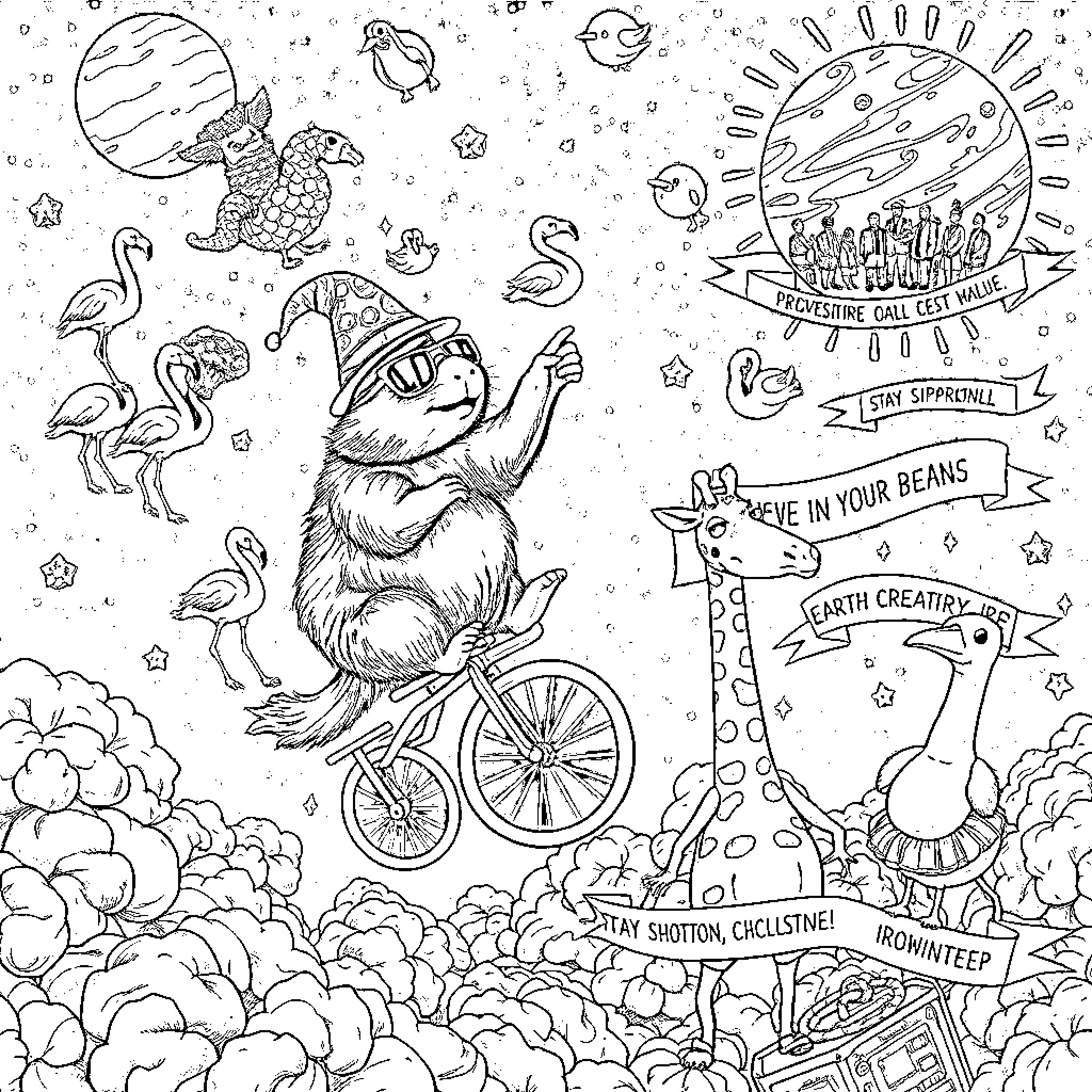 Capybara's cosmic cycling adventure Coloring Page (free black-and-white line drawing printable PDF for all, from beginners to advanced learners, including children, teens, adults, and seniors)