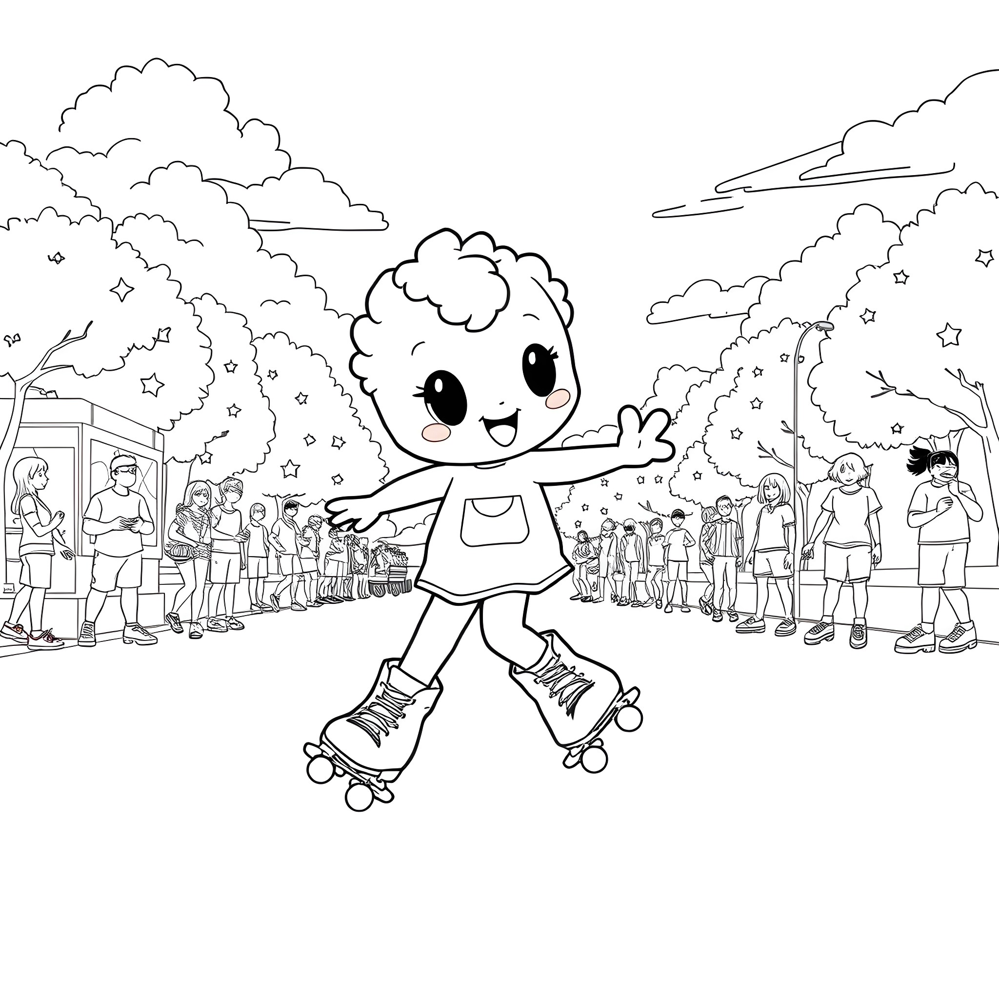 Labubu Enjoying a Rollerblading Adventure with Crowd Coloring Page (free black-and-white line drawing printable PDF for all, from beginners to advanced learners, including children, teens, adults, and seniors)