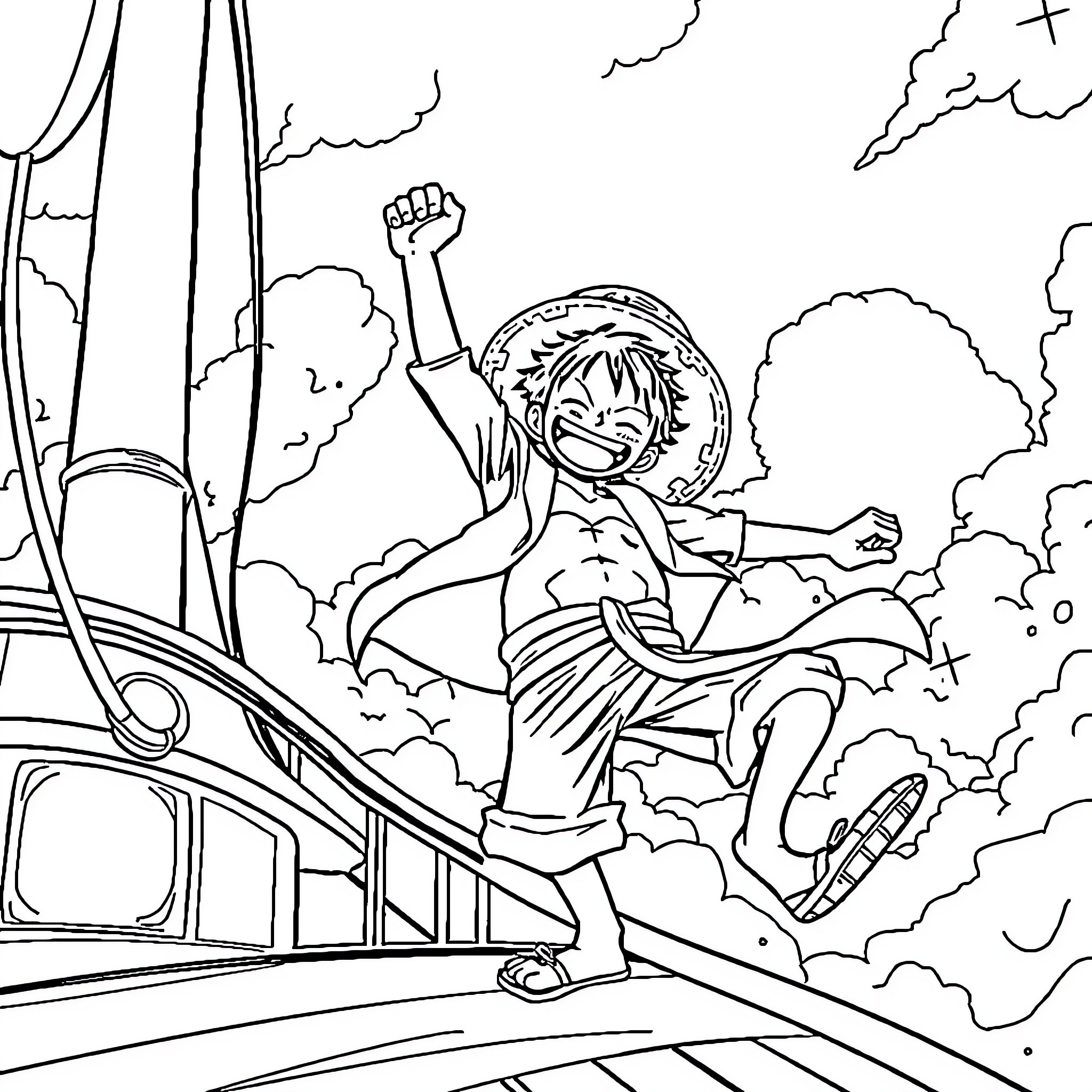 Luffy's Boundless Adventure on the High Seas Coloring Page (free black-and-white line drawing printable PDF for all, from beginners to advanced learners, including children, teens, adults, and seniors)