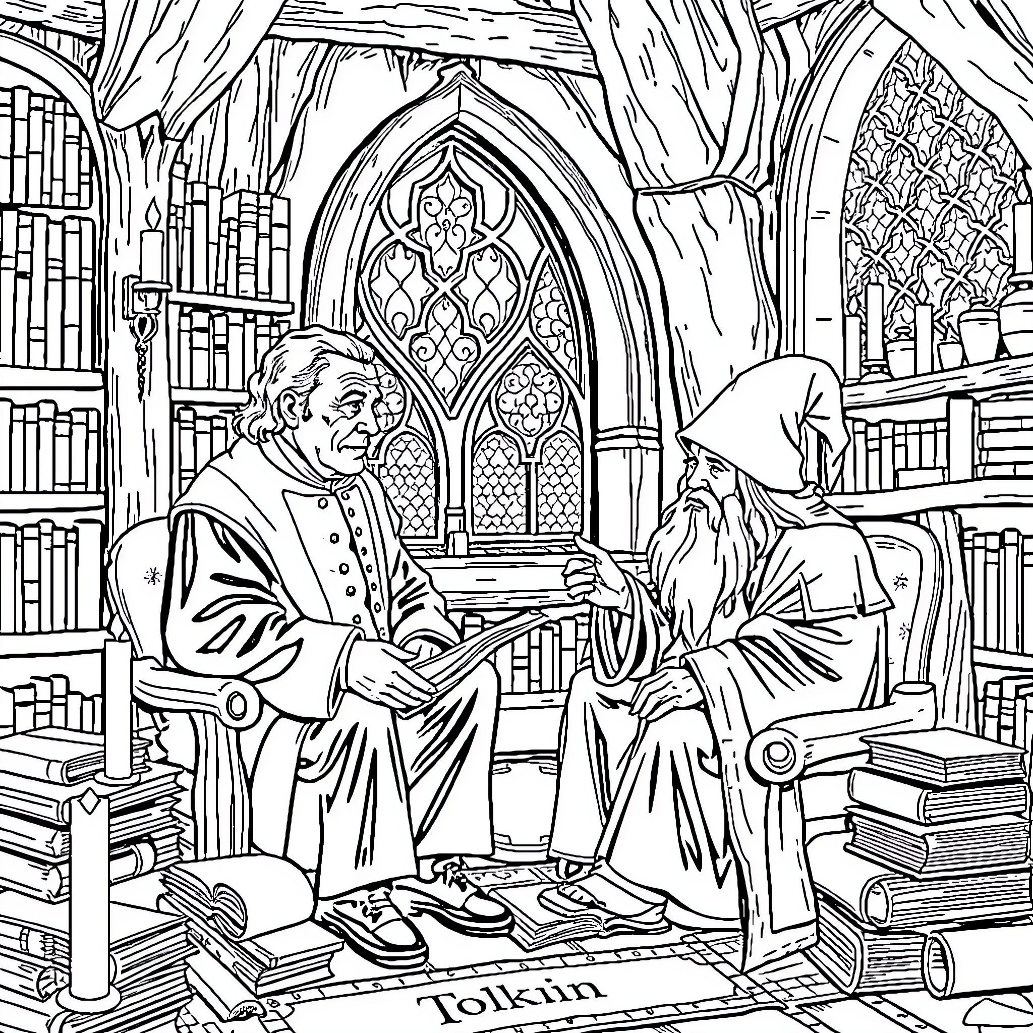 Tolkien authors at work in a library Coloring Page (free black-and-white line drawing printable PDF for all, from beginners to advanced learners, including children, teens, adults, and seniors)