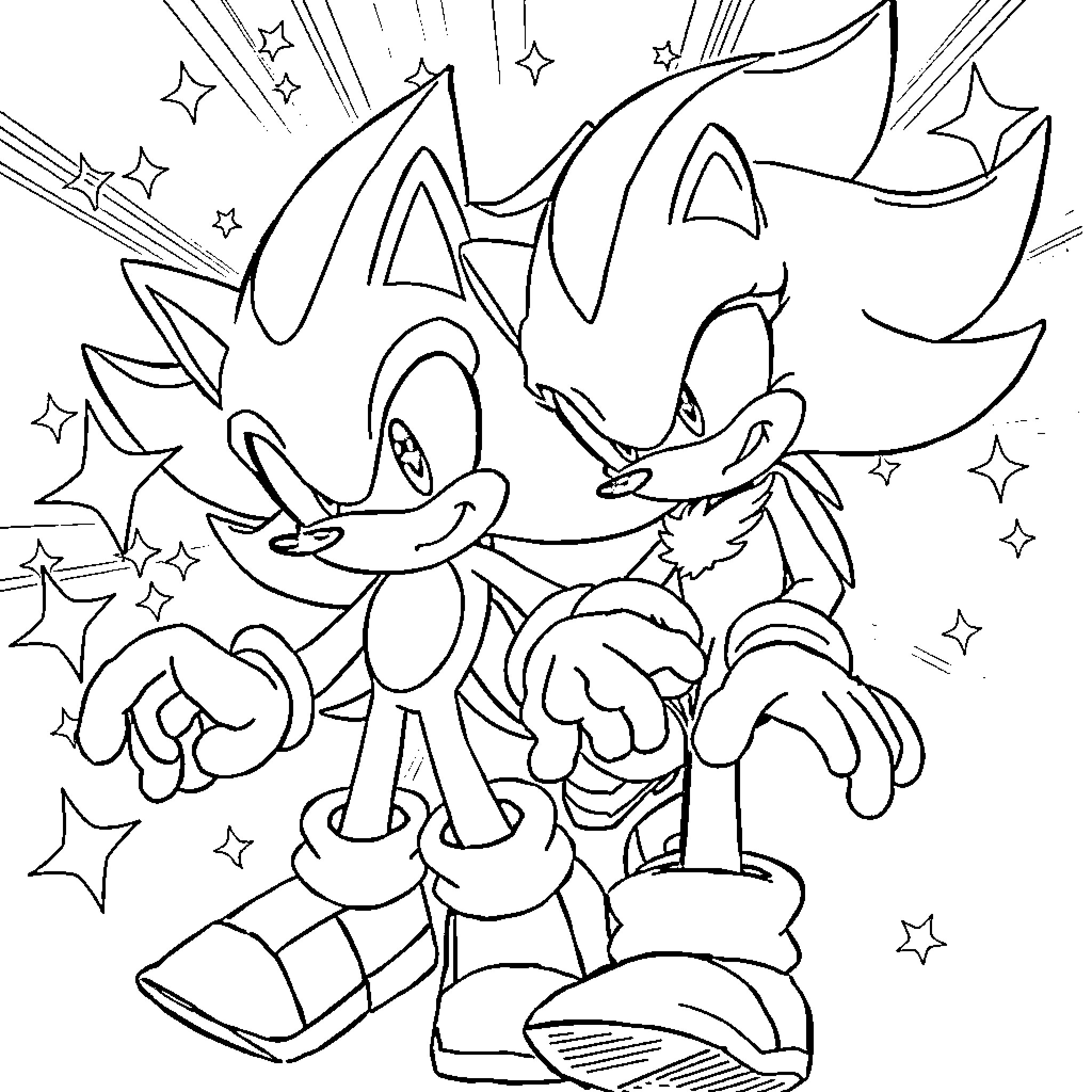Sonic characters in dynamic action Coloring Page (free black-and-white line drawing printable PDF for all, from beginners to advanced learners, including children, teens, adults, and seniors)