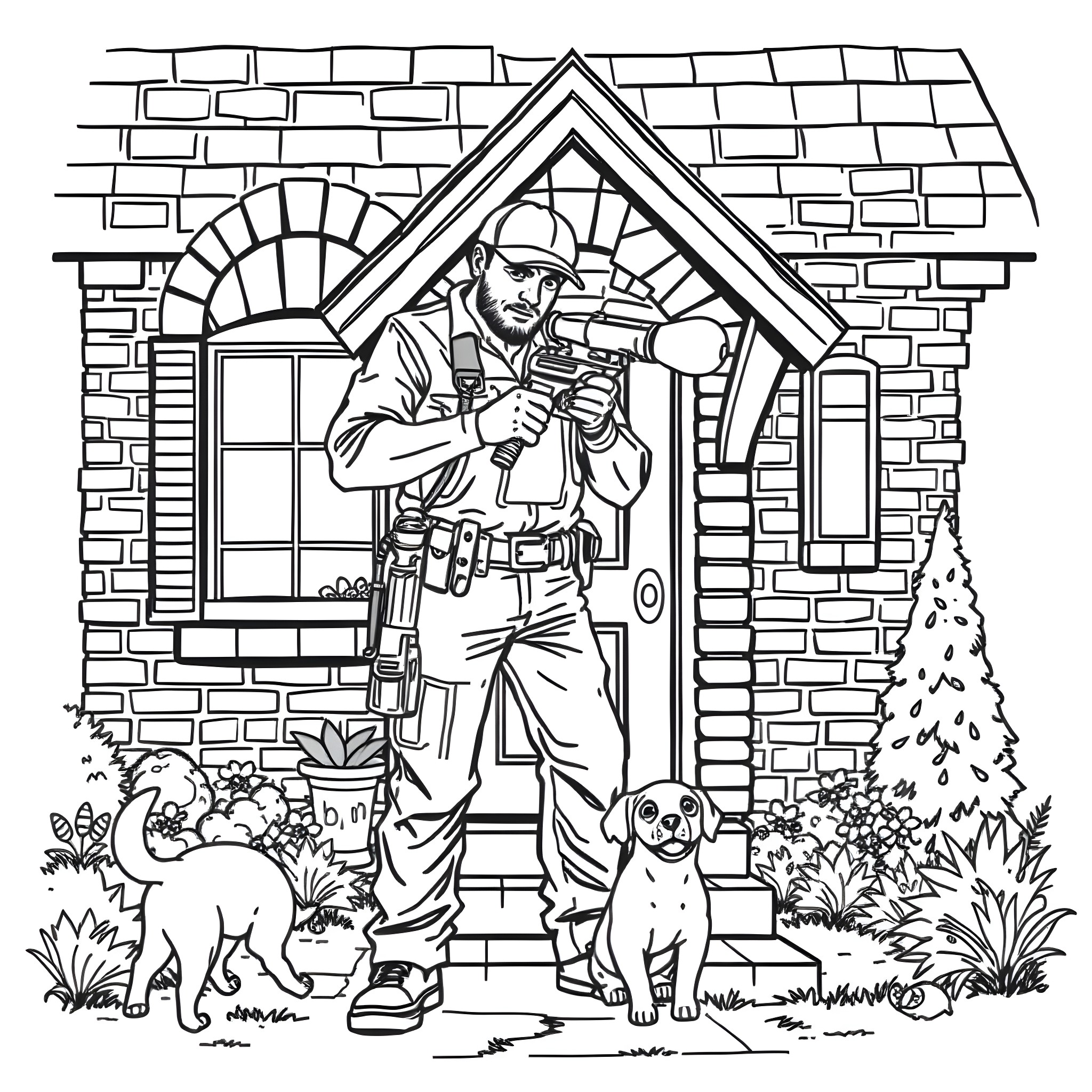 Plumber fixing pipes outside brick house Coloring Page (free black-and-white line drawing printable PDF for all, from beginners to advanced learners, including children, teens, adults, and seniors)