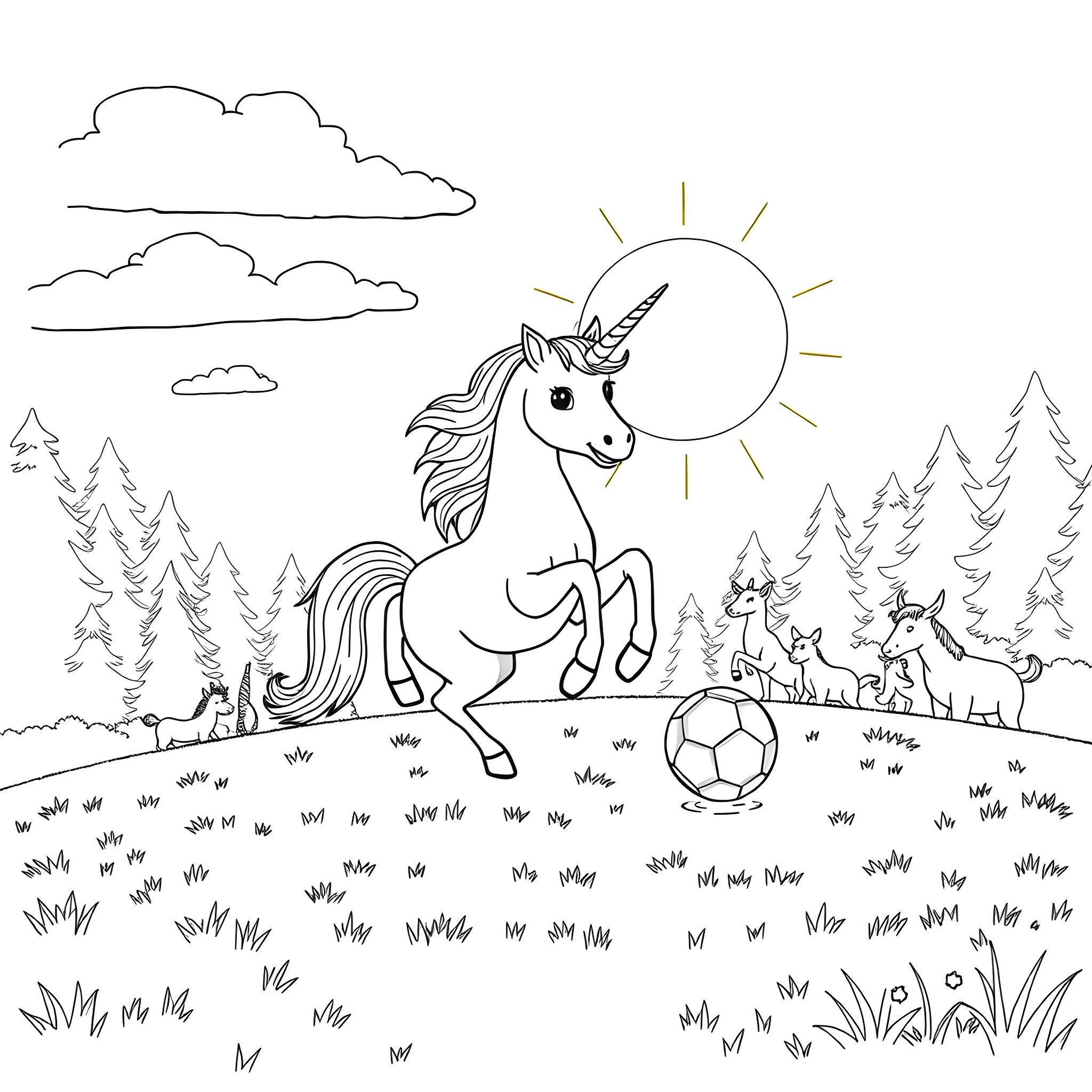 Unicorn frolicking in a magical forest with animals Coloring Page (free black-and-white line drawing printable PDF for all, from beginners to advanced learners, including children, teens, adults, and seniors)