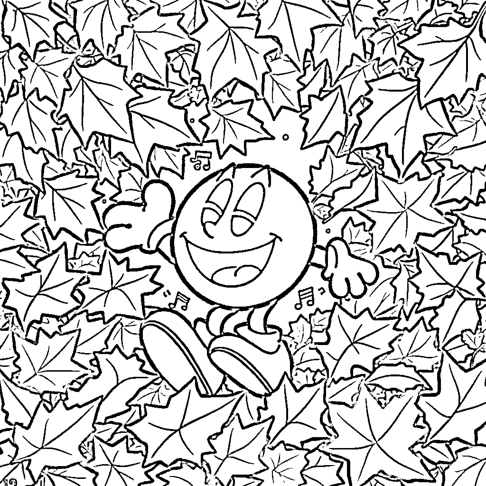 Pac-Man exploring a leafy autumn scene Coloring Page (free black-and-white line drawing printable PDF for all, from beginners to advanced learners, including children, teens, adults, and seniors)