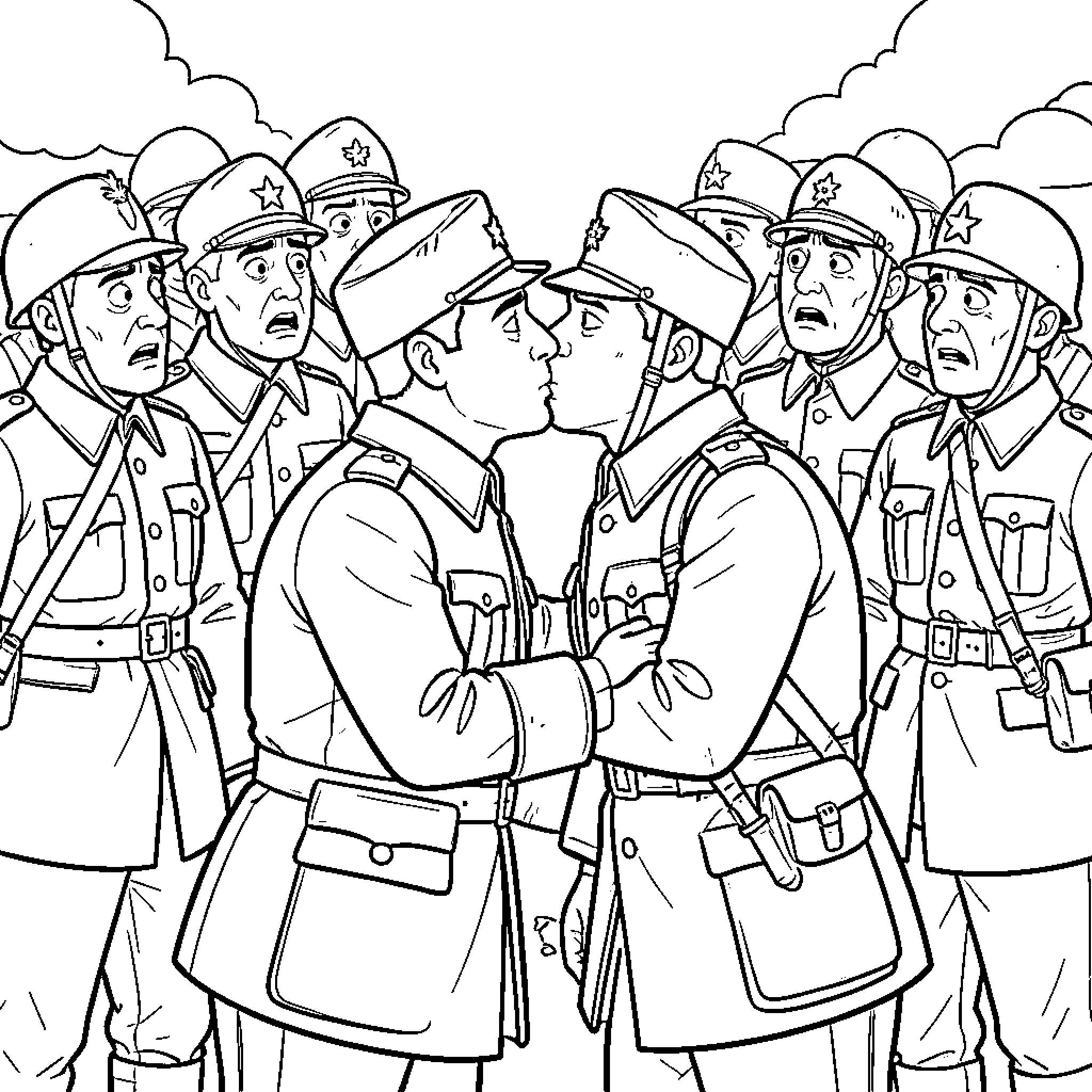 Soldier's Embrace: Comrades in Arms Coloring Page (free black-and-white line drawing printable PDF for all, from beginners to advanced learners, including children, teens, adults, and seniors)
