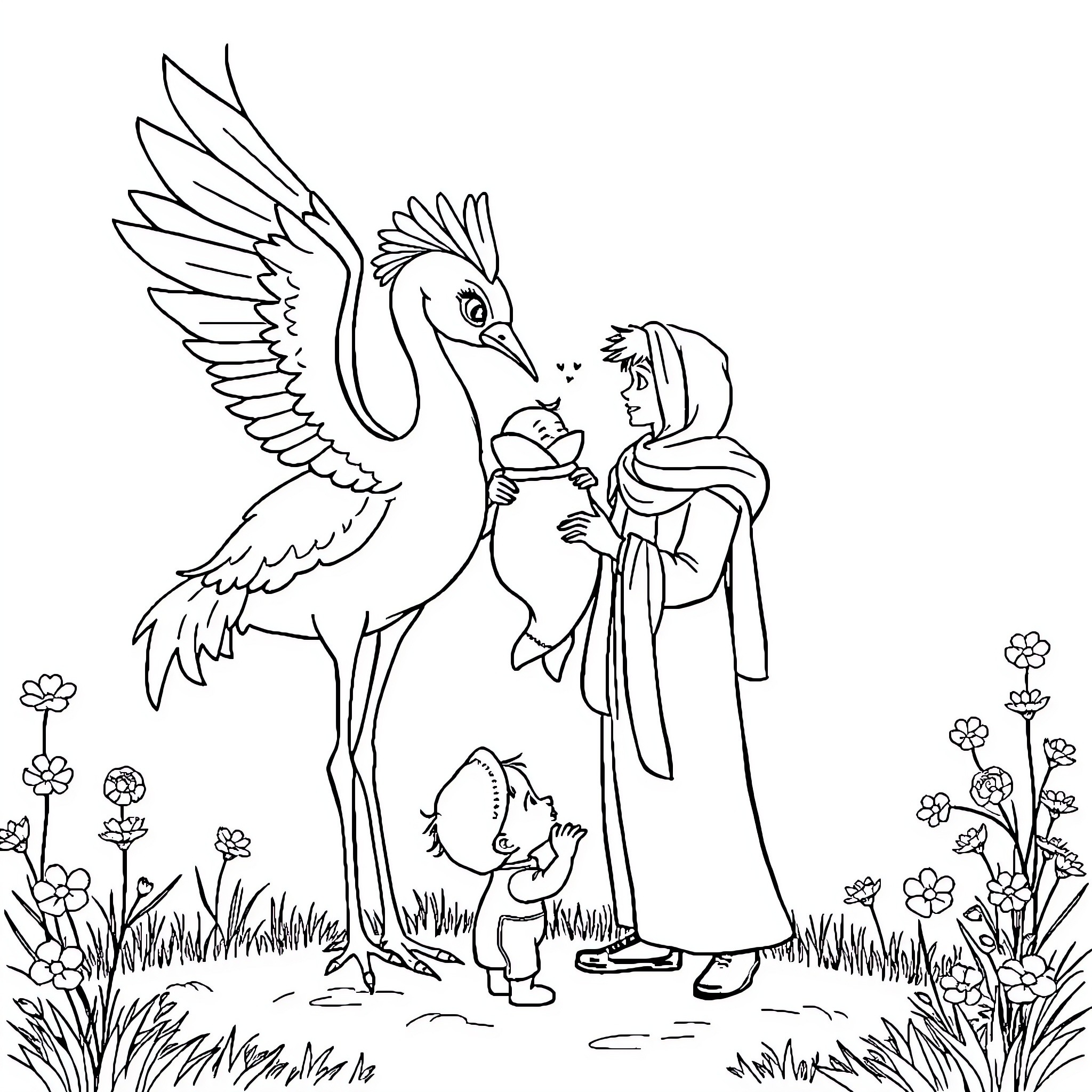 Cigogne et enfants dans un jardin fleuri Coloring Page (free black-and-white line drawing printable PDF for all, from beginners to advanced learners, including children, teens, adults, and seniors)