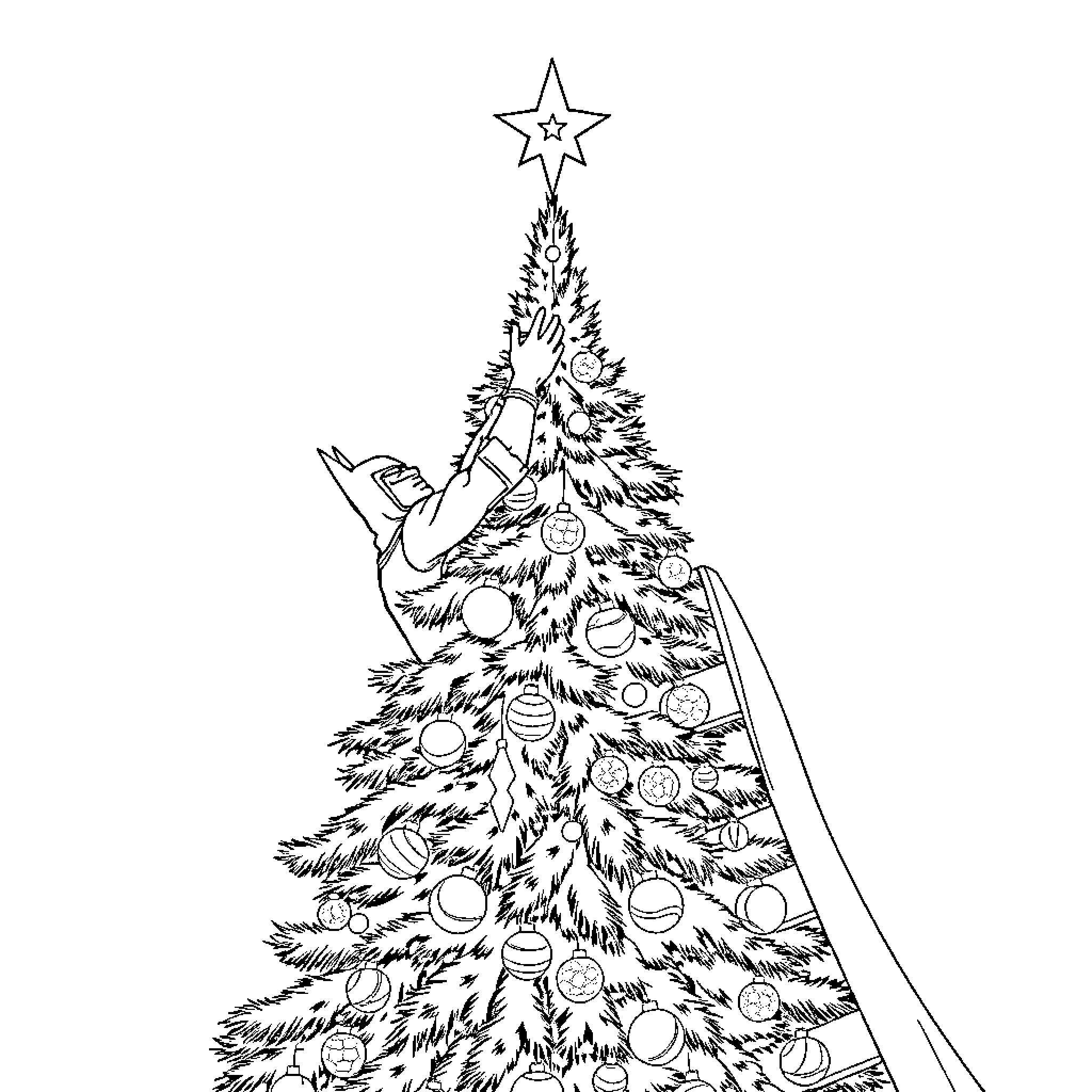 Batman Decorating Christmas Tree with Ornaments Coloring Page (free black-and-white line drawing printable PDF for all, from beginners to advanced learners, including children, teens, adults, and seniors)