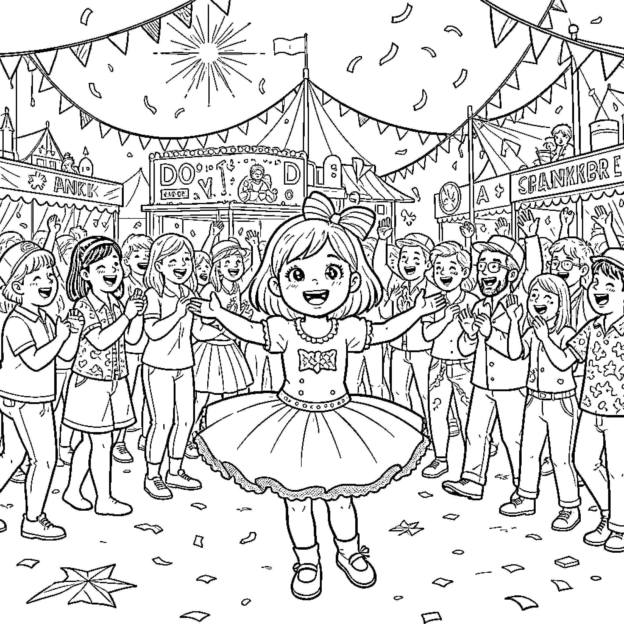 Sourie Diddl performing a joyful dance for a crowd Coloring Page (free black-and-white line drawing printable PDF for all, from beginners to advanced learners, including children, teens, adults, and seniors)