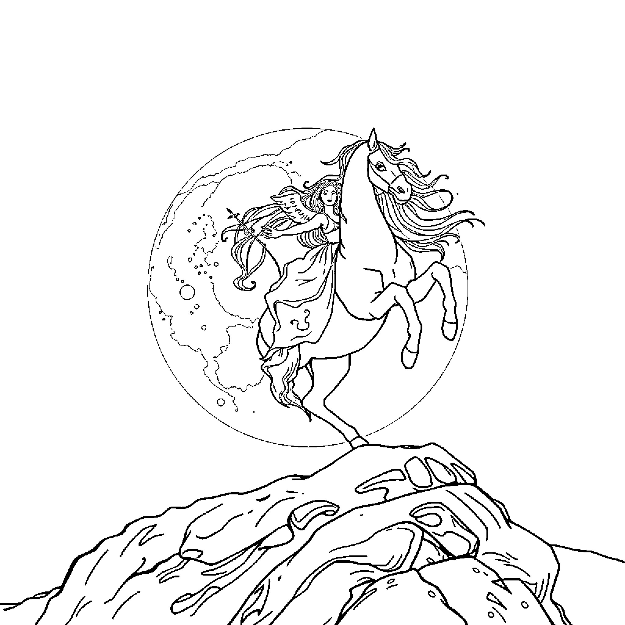 Wonder Woman Riding Majestic Unicorn in Moonlight Coloring Page (free black-and-white line drawing printable PDF for all, from beginners to advanced learners, including children, teens, adults, and seniors)