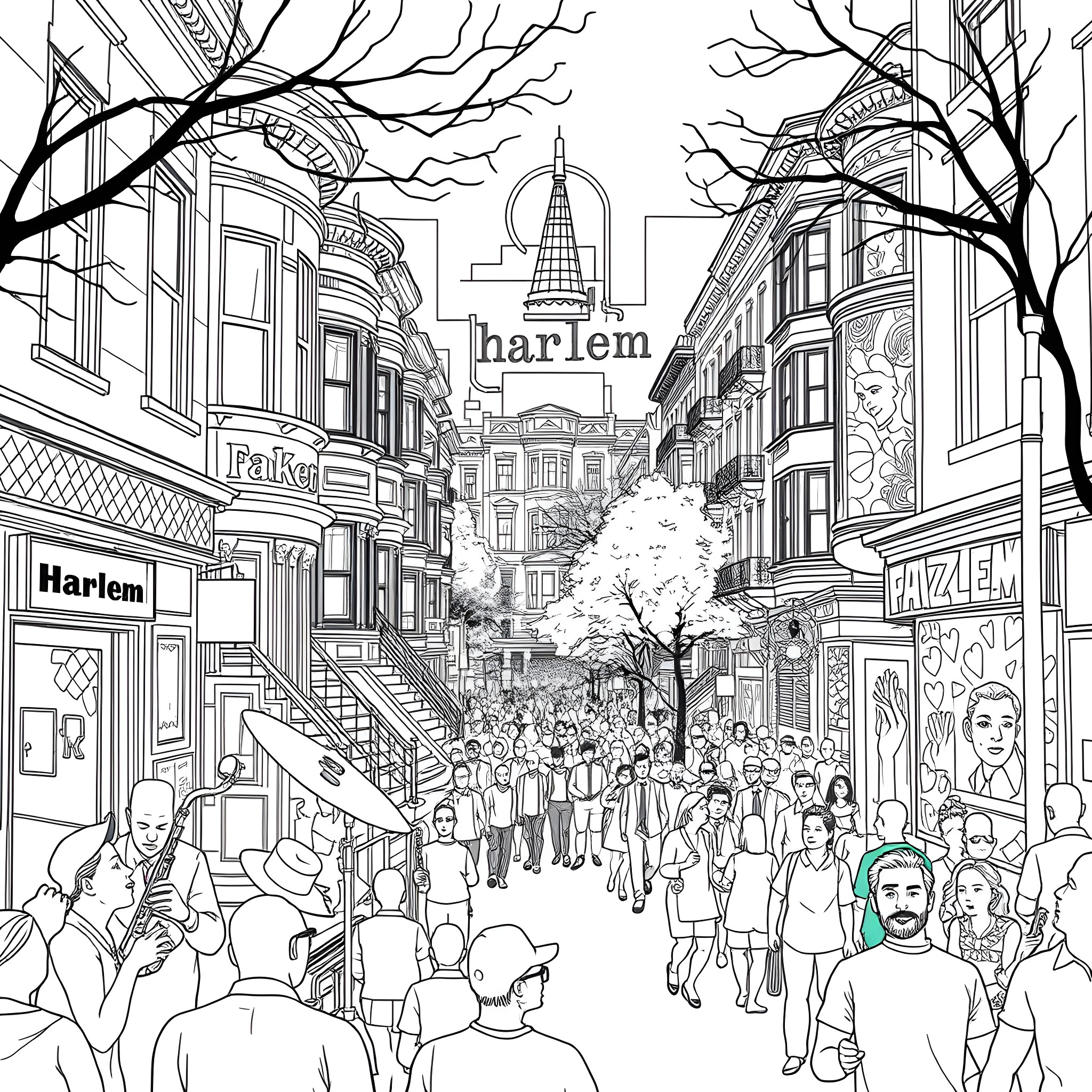 Harlem Street Scene with Bustling Crowd and Cityscape Coloring Page (free black-and-white line drawing printable PDF for all, from beginners to advanced learners, including children, teens, adults, and seniors)