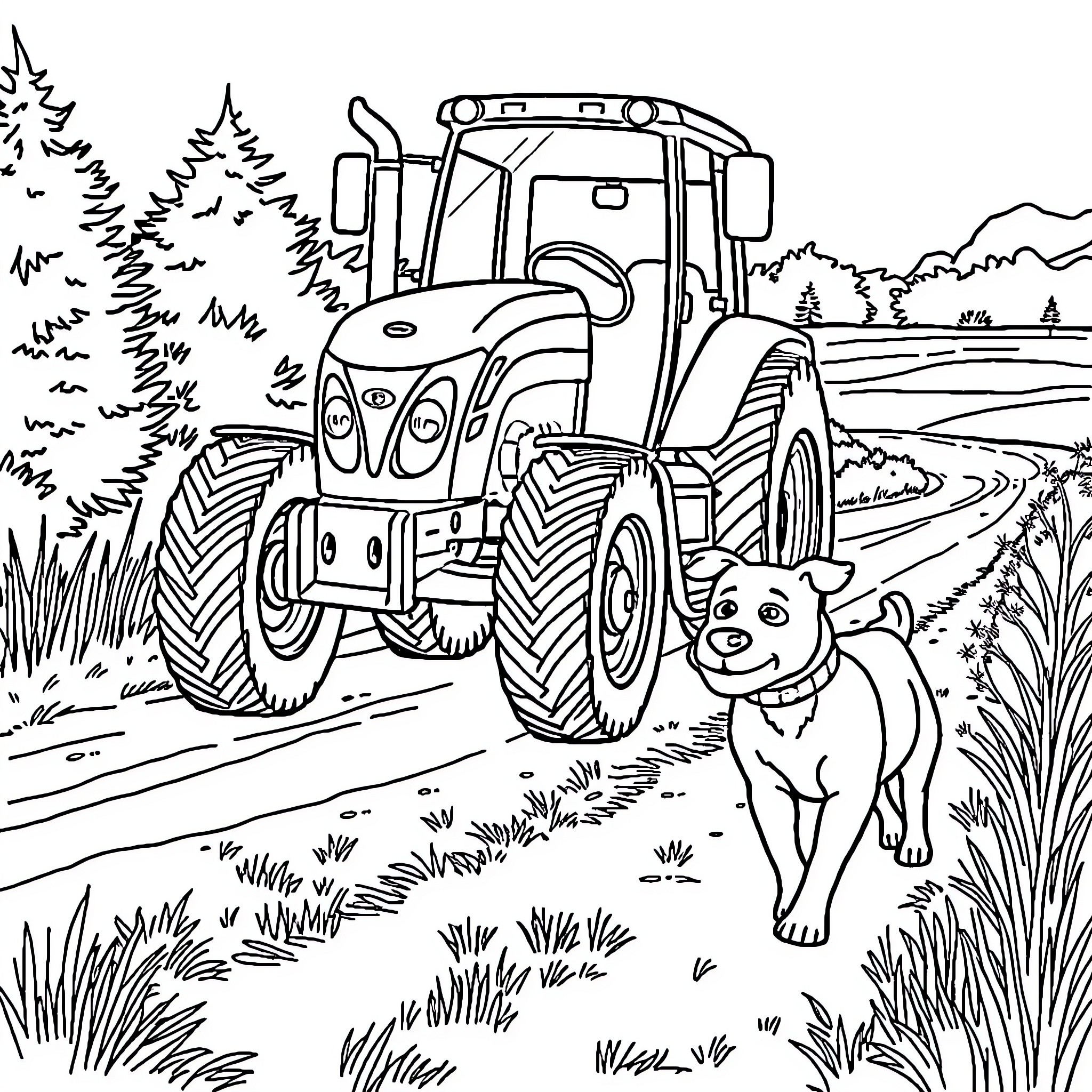 Tractor traveling on a rural road with a dog Coloring Page (free black-and-white line drawing printable PDF for all, from beginners to advanced learners, including children, teens, adults, and seniors)