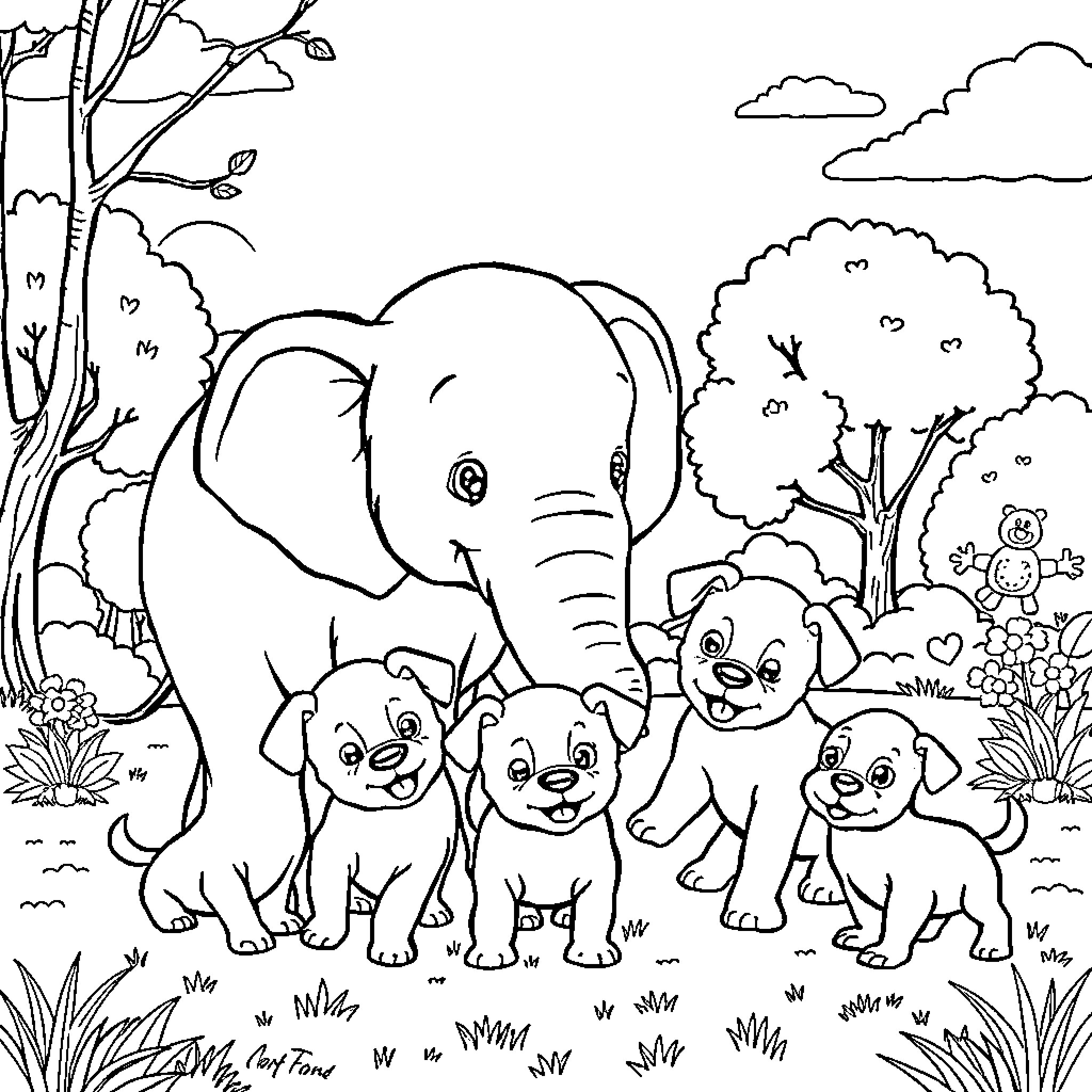 Elephant and Puppies in the Forest Coloring Page (free black-and-white line drawing printable PDF for all, from beginners to advanced learners, including children, teens, adults, and seniors)