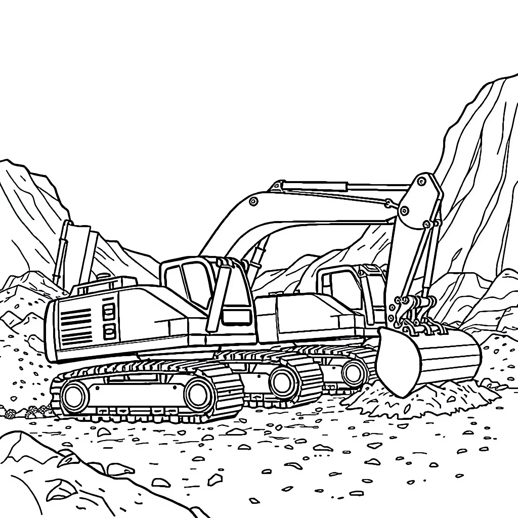 Excavator operating on rocky terrain Coloring Page (free black-and-white line drawing printable PDF for all, from beginners to advanced learners, including children, teens, adults, and seniors)