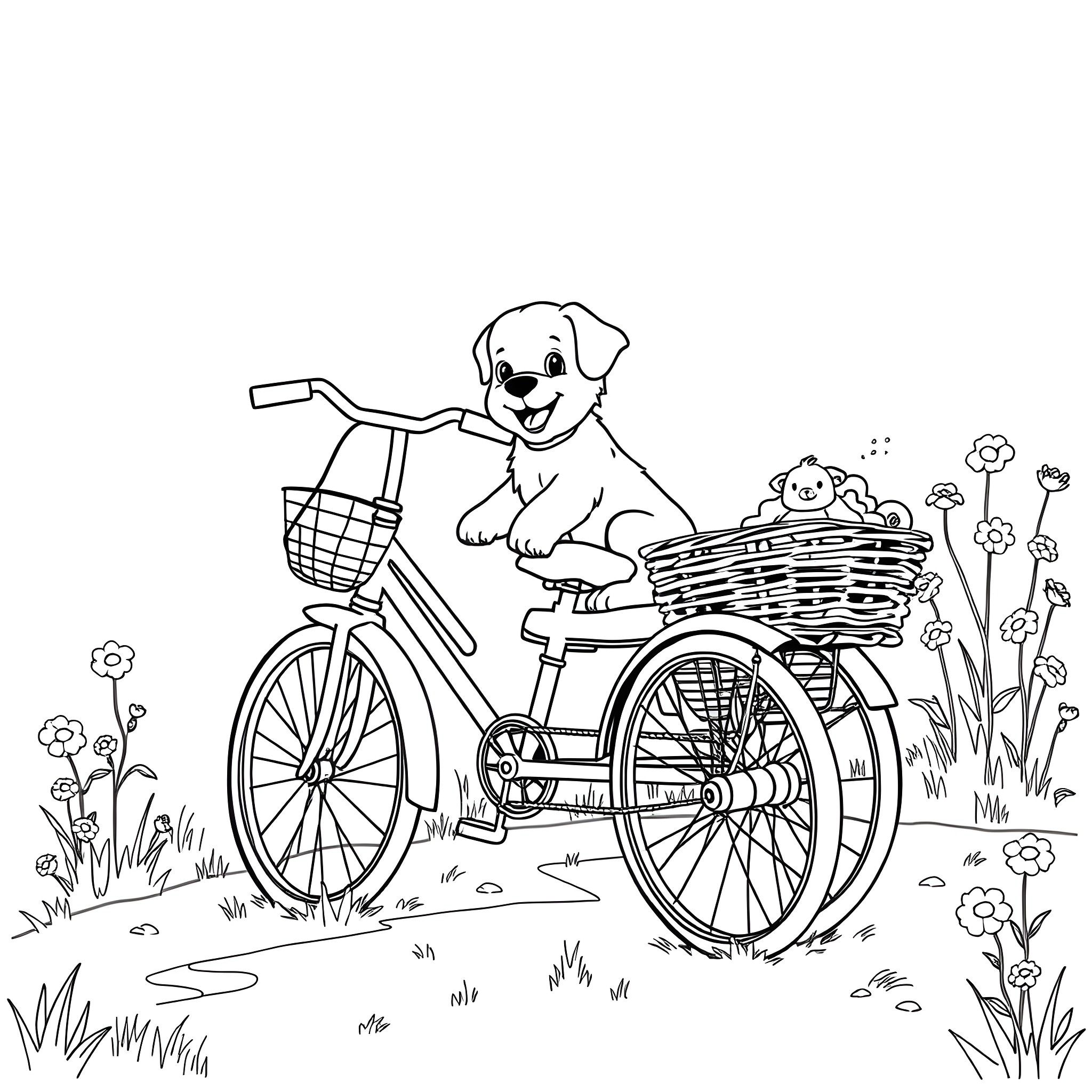 Tadpole Trike: Puppy Pedals Joyfully with Basket of Pals Coloring Page (free black-and-white line drawing printable PDF for all, from beginners to advanced learners, including children, teens, adults, and seniors)
