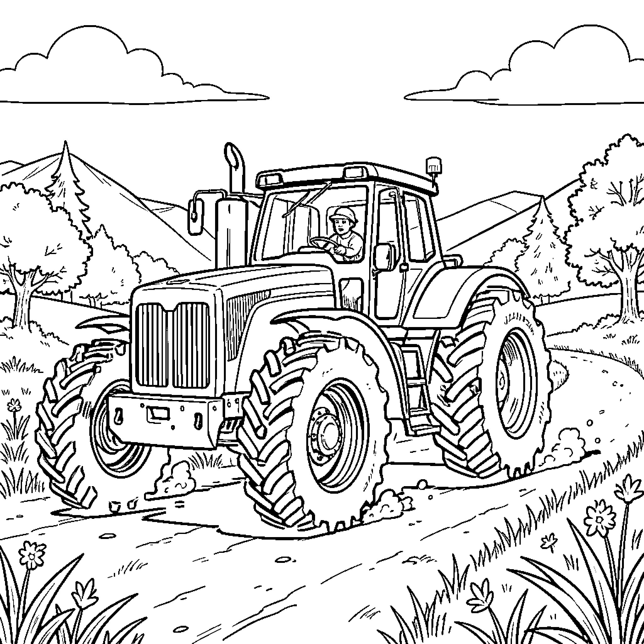 Chase driving a tractor through a scenic landscape Coloring Page (free black-and-white line drawing printable PDF for all, from beginners to advanced learners, including children, teens, adults, and seniors)