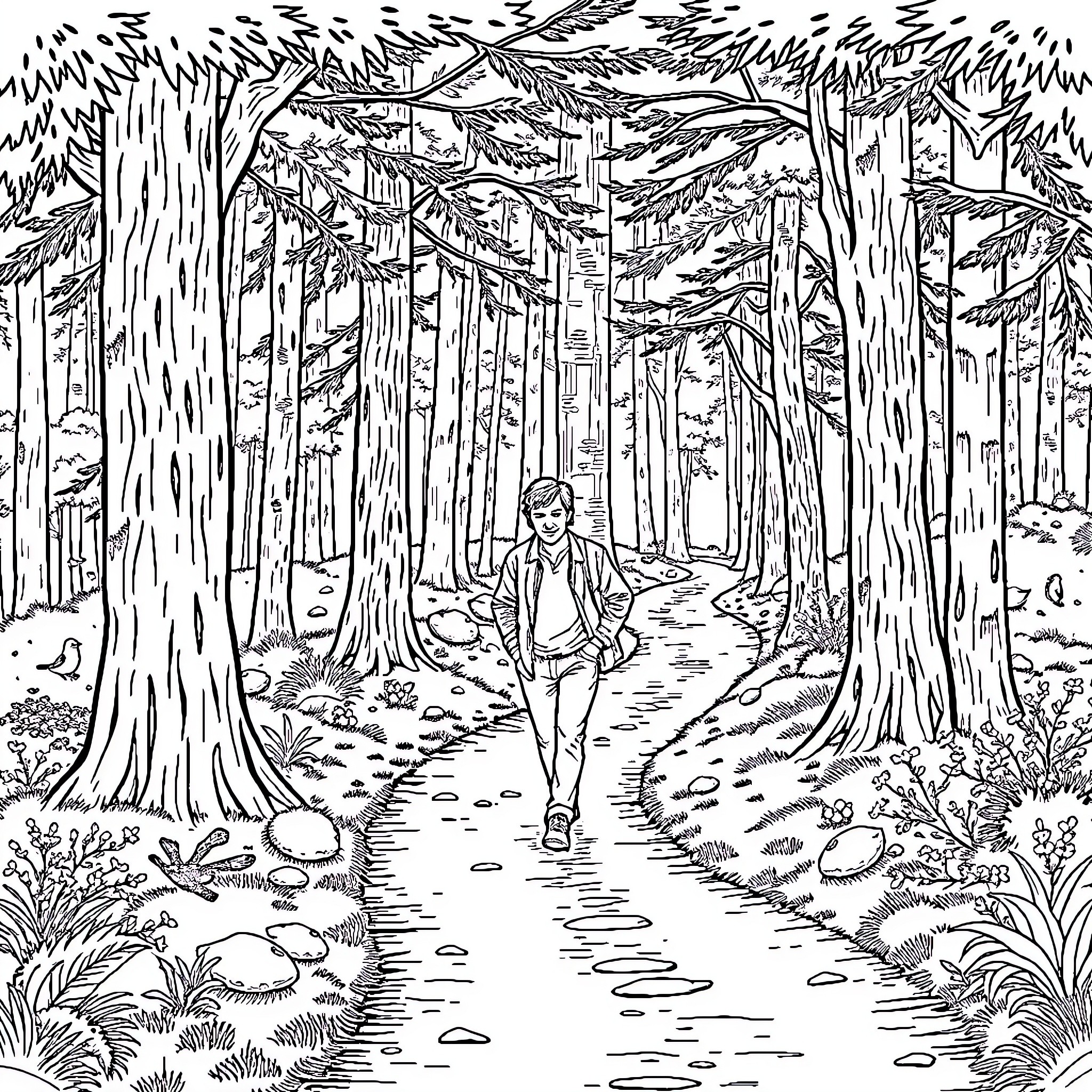 Alan Partridge enjoying a peaceful stroll through the forest Coloring Page (free black-and-white line drawing printable PDF for all, from beginners to advanced learners, including children, teens, adults, and seniors)