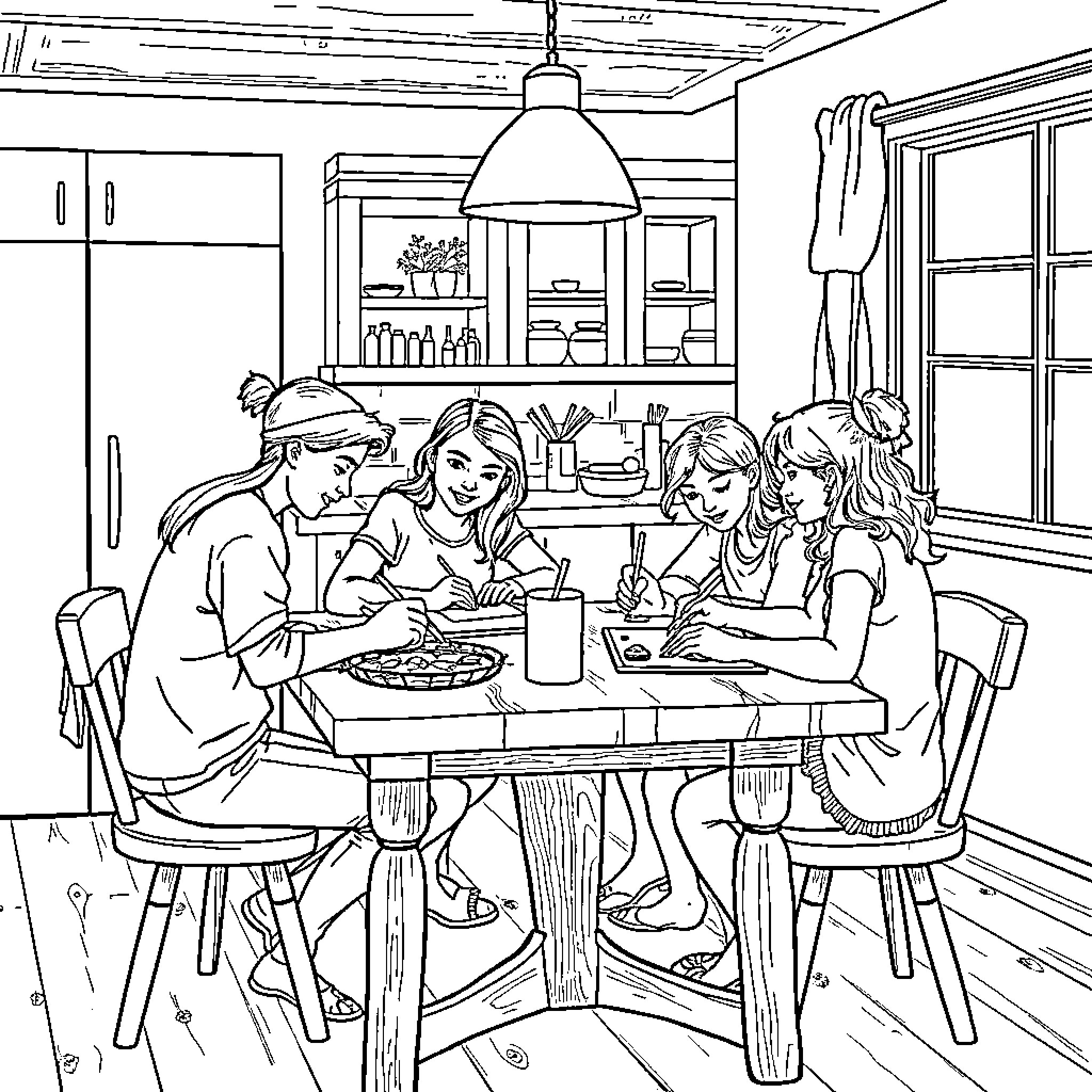 Friend Gathering for a Cozy Meal Together Coloring Page (free black-and-white line drawing printable PDF for all, from beginners to advanced learners, including children, teens, adults, and seniors)