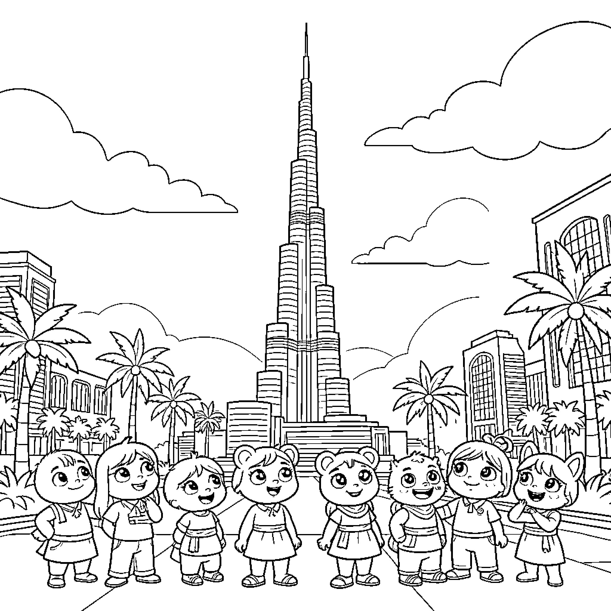Bolofofos characters smiling together in a city setting Coloring Page (free black-and-white line drawing printable PDF for all, from beginners to advanced learners, including children, teens, adults, and seniors)