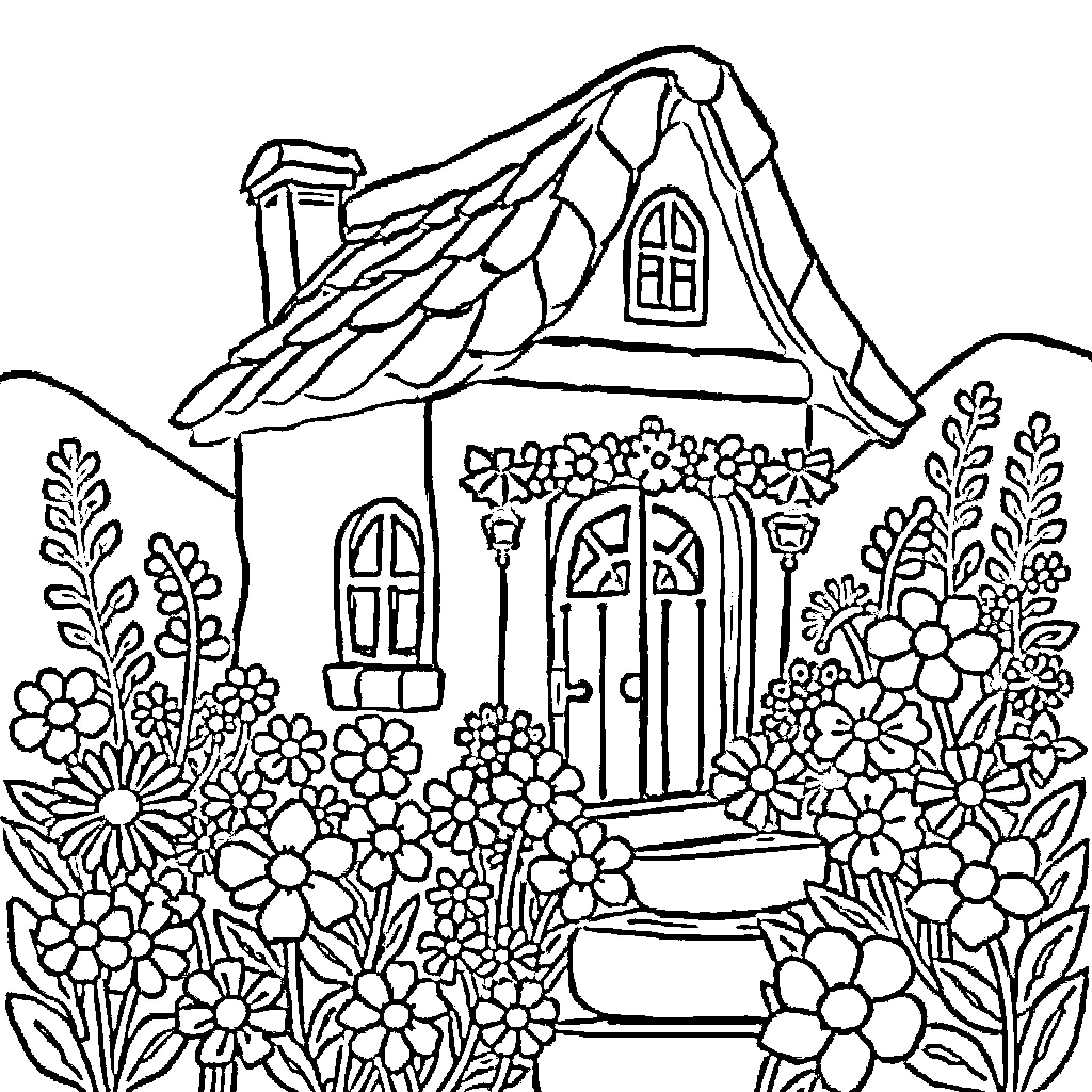 Santana House: Charming cottage amid blooming flowers Coloring Page (free black-and-white line drawing printable PDF for all, from beginners to advanced learners, including children, teens, adults, and seniors)