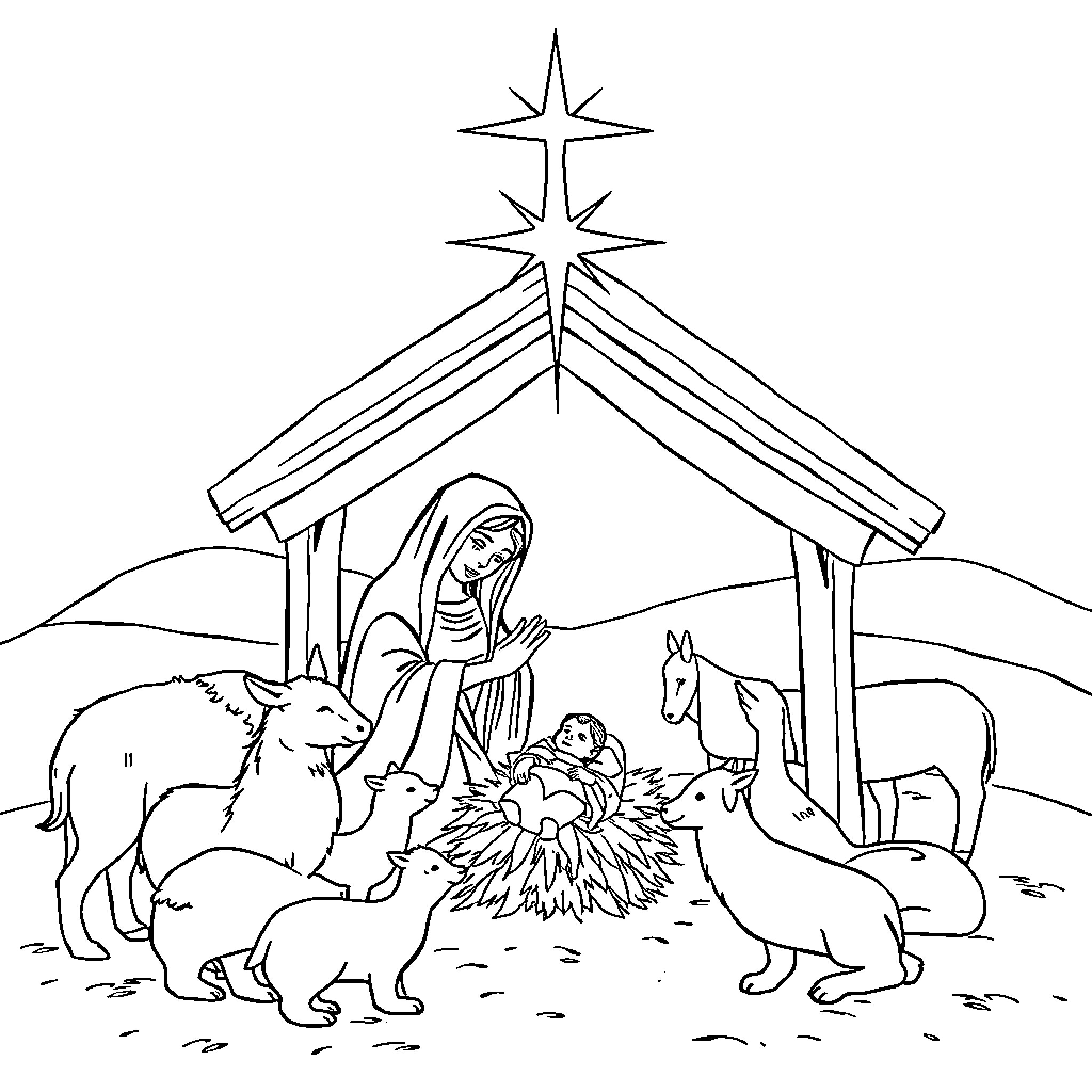 Nativity scene with holy family and animals Coloring Page (free black-and-white line drawing printable PDF for all, from beginners to advanced learners, including children, teens, adults, and seniors)
