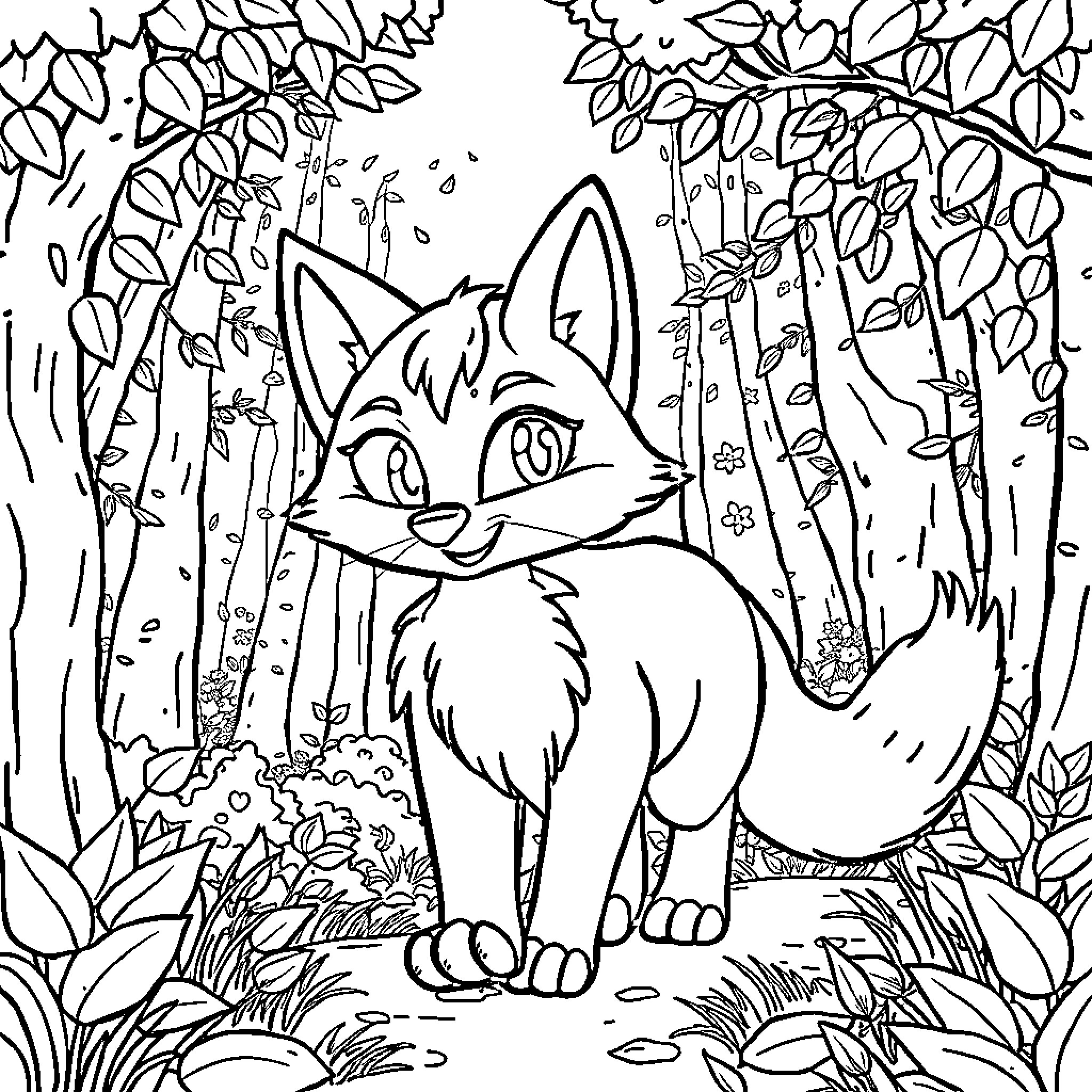 Zorro the Mischievous Fox in the Enchanted Forest Coloring Page (free black-and-white line drawing printable PDF for all, from beginners to advanced learners, including children, teens, adults, and seniors)
