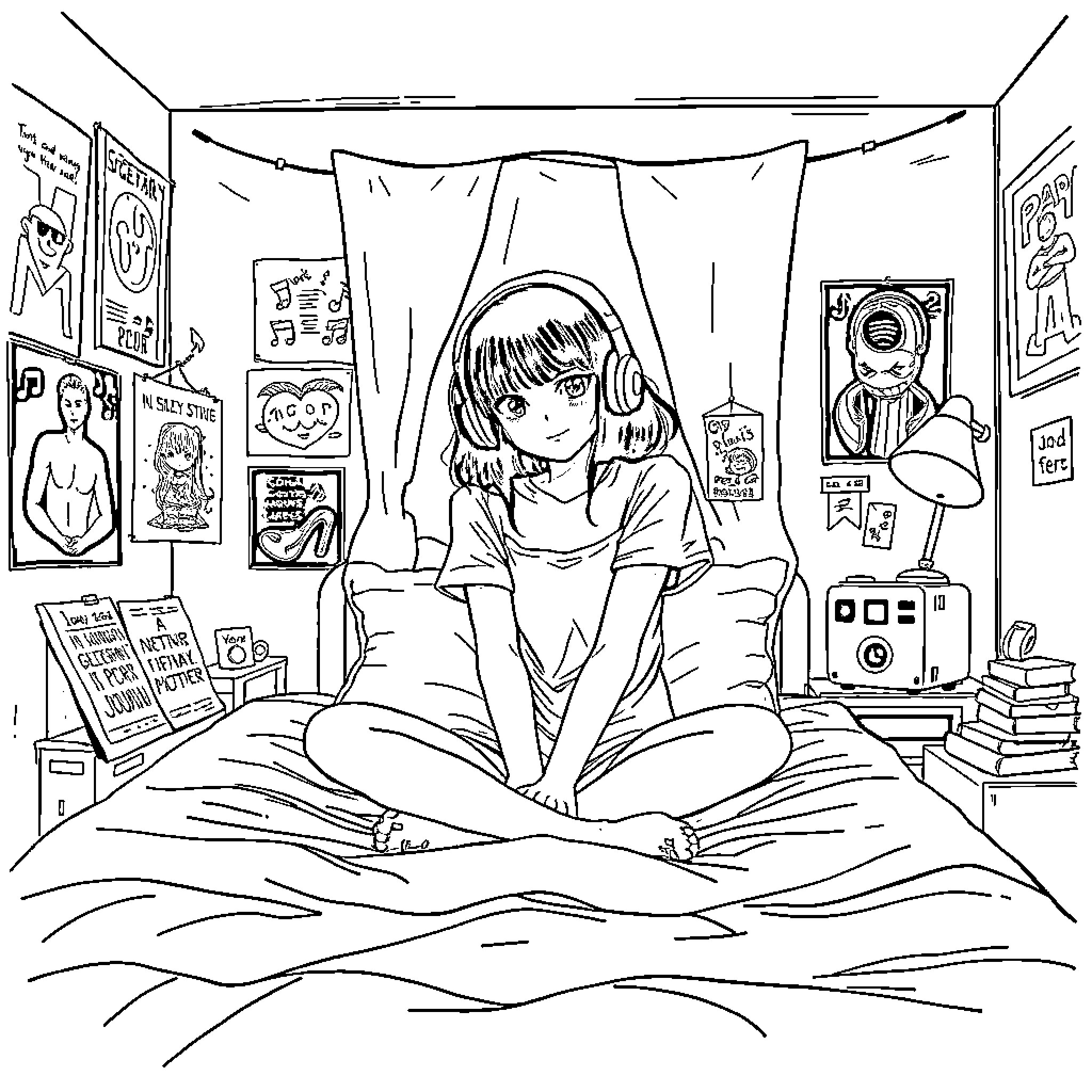 Emo Girl Reading a Book in Her Bedroom Coloring Page (free black-and-white line drawing printable PDF for all, from beginners to advanced learners, including children, teens, adults, and seniors)