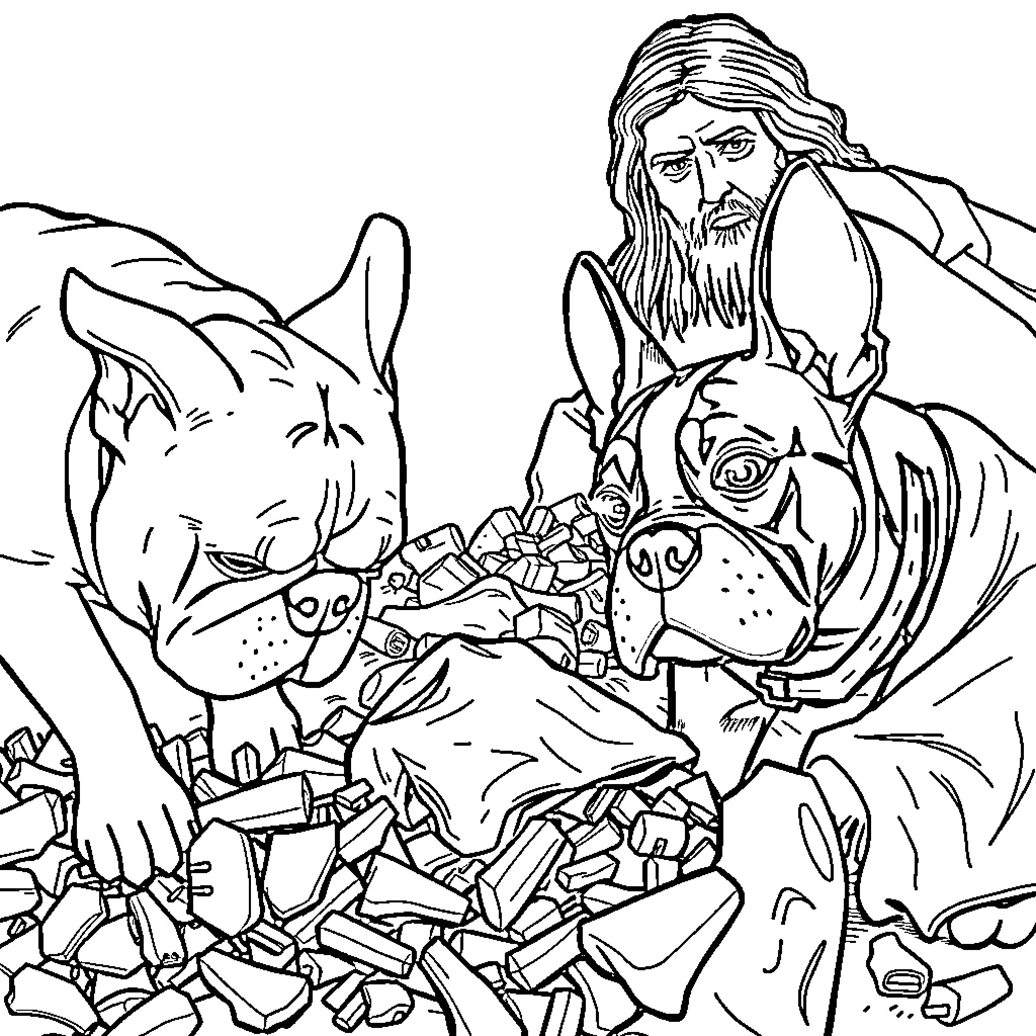 Dog and Shepherd Exploring Ruins Coloring Page (free black-and-white line drawing printable PDF for all, from beginners to advanced learners, including children, teens, adults, and seniors)