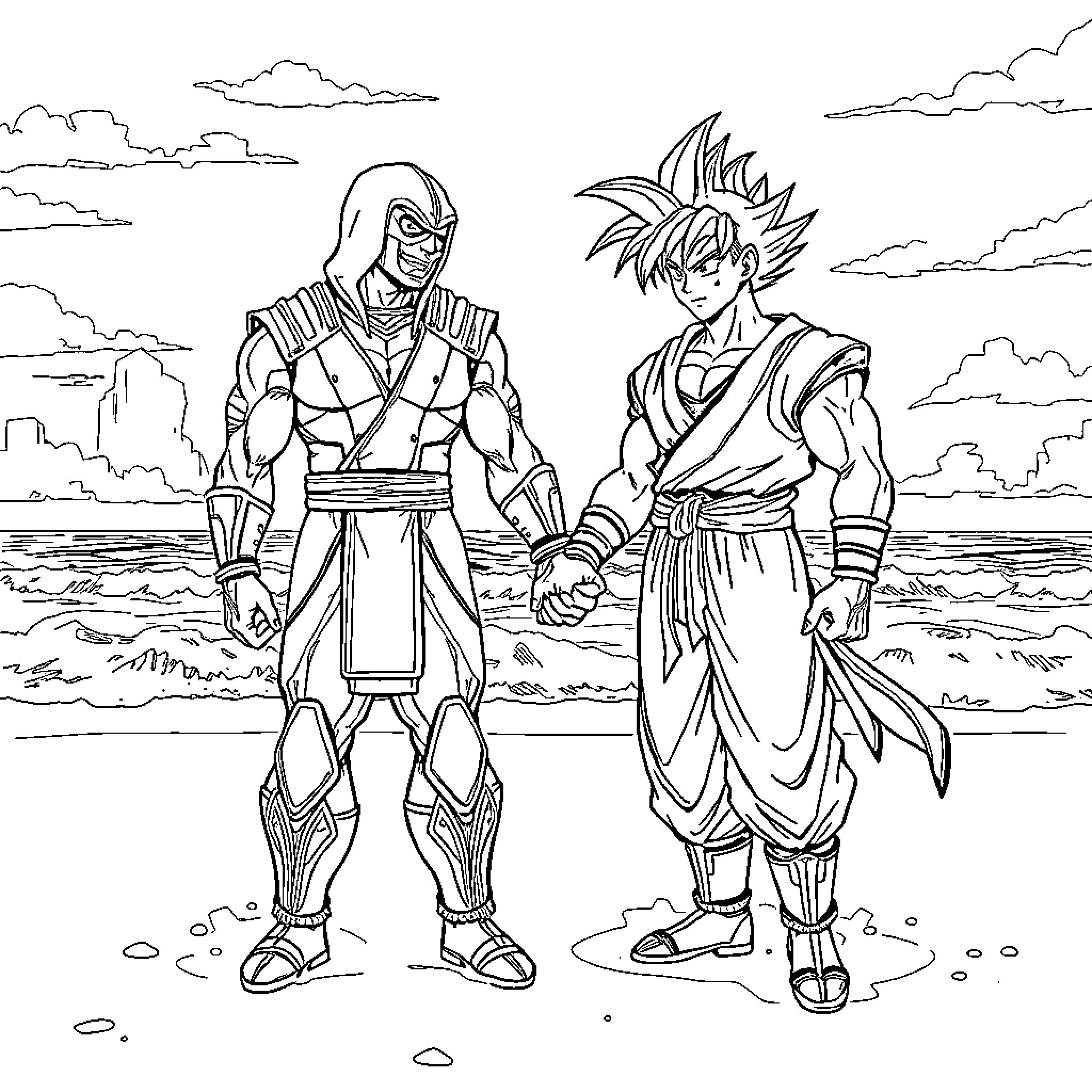 Subzero warriors in epic battle stance Coloring Page (free black-and-white line drawing printable PDF for all, from beginners to advanced learners, including children, teens, adults, and seniors)