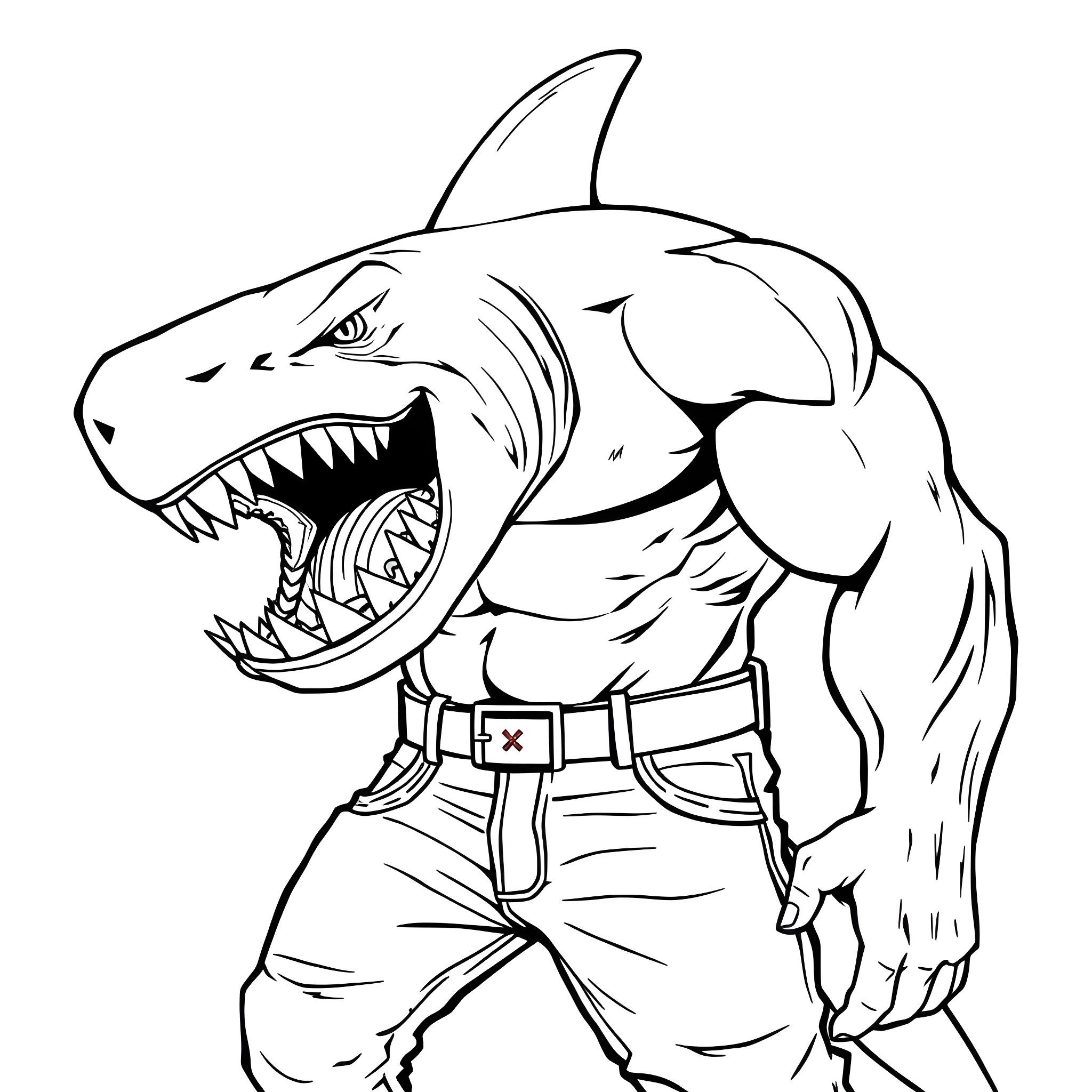 Shark Attacking in Ferocious Pose Coloring Page (free black-and-white line drawing printable PDF for all, from beginners to advanced learners, including children, teens, adults, and seniors)