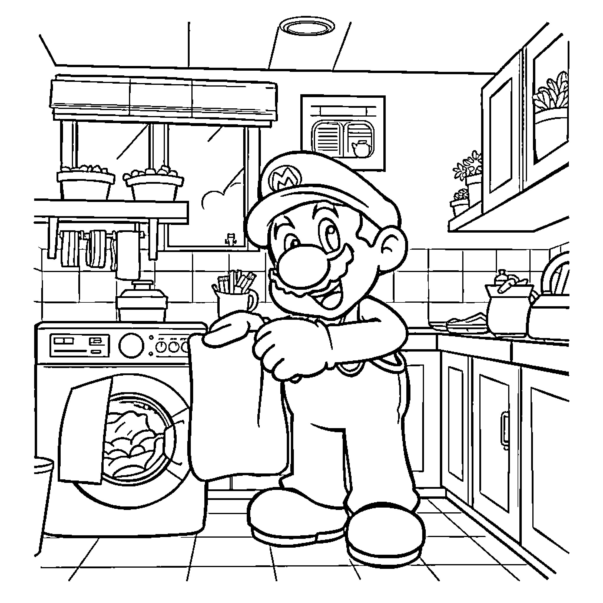 Mario Doing Laundry in the Kitchen Coloring Page (free black-and-white line drawing printable PDF for all, from beginners to advanced learners, including children, teens, adults, and seniors)