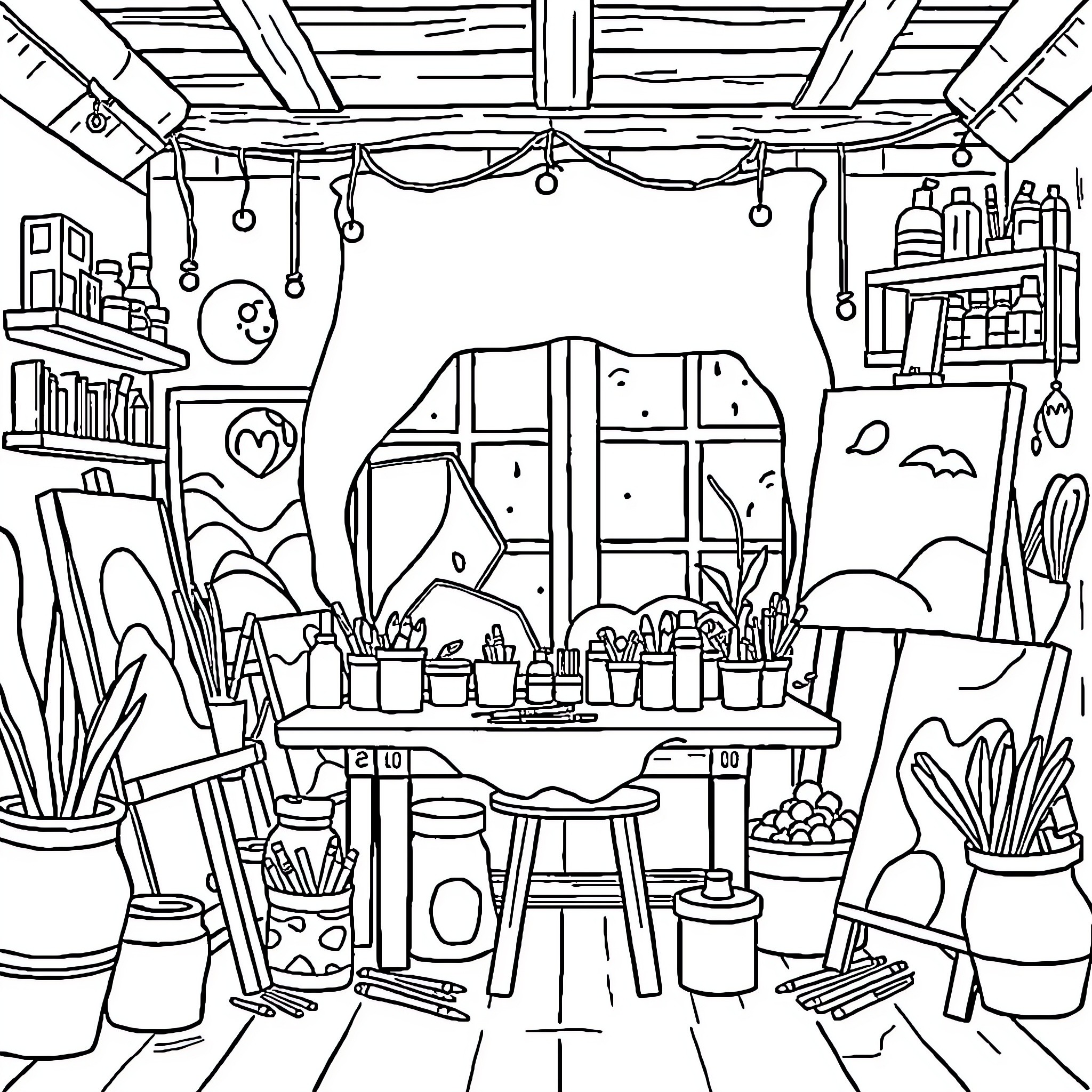 Child's Cozy Artistic Studio Space Coloring Page (free black-and-white line drawing printable PDF for all, from beginners to advanced learners, including children, teens, adults, and seniors)