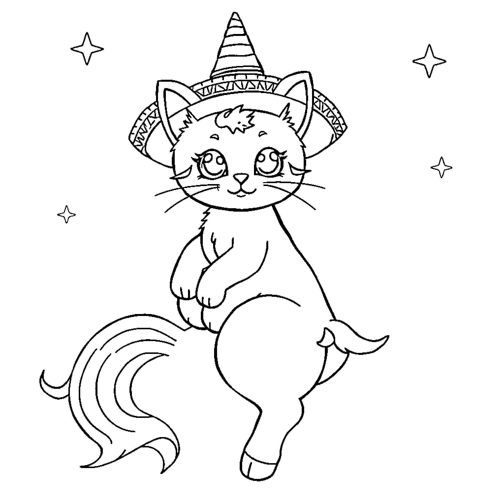 Kitty wearing a party hat and surrounded by stars Coloring Page (free black-and-white line drawing printable PDF for all, from beginners to advanced learners, including children, teens, adults, and seniors)