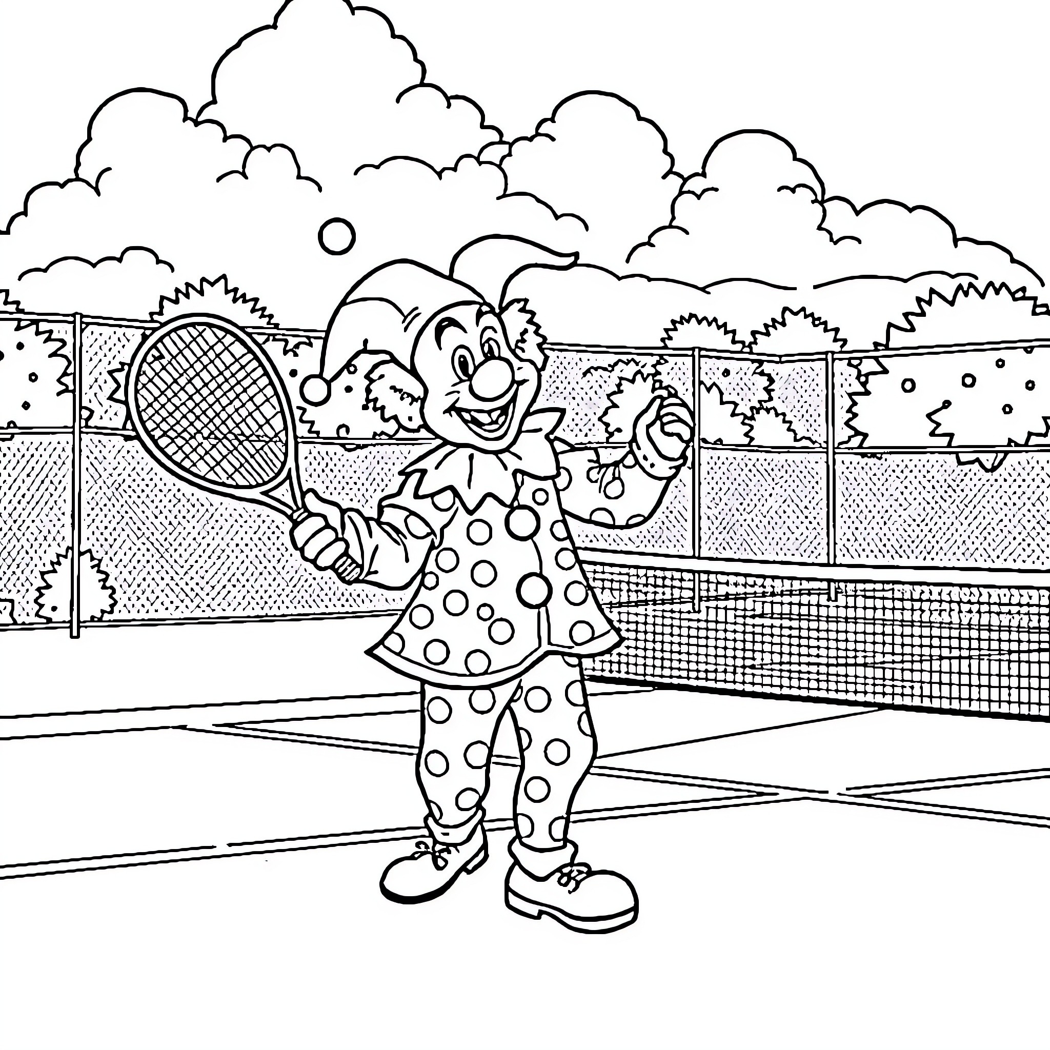 Clown playing tennis on colorful court Coloring Page (free black-and-white line drawing printable PDF for all, from beginners to advanced learners, including children, teens, adults, and seniors)
