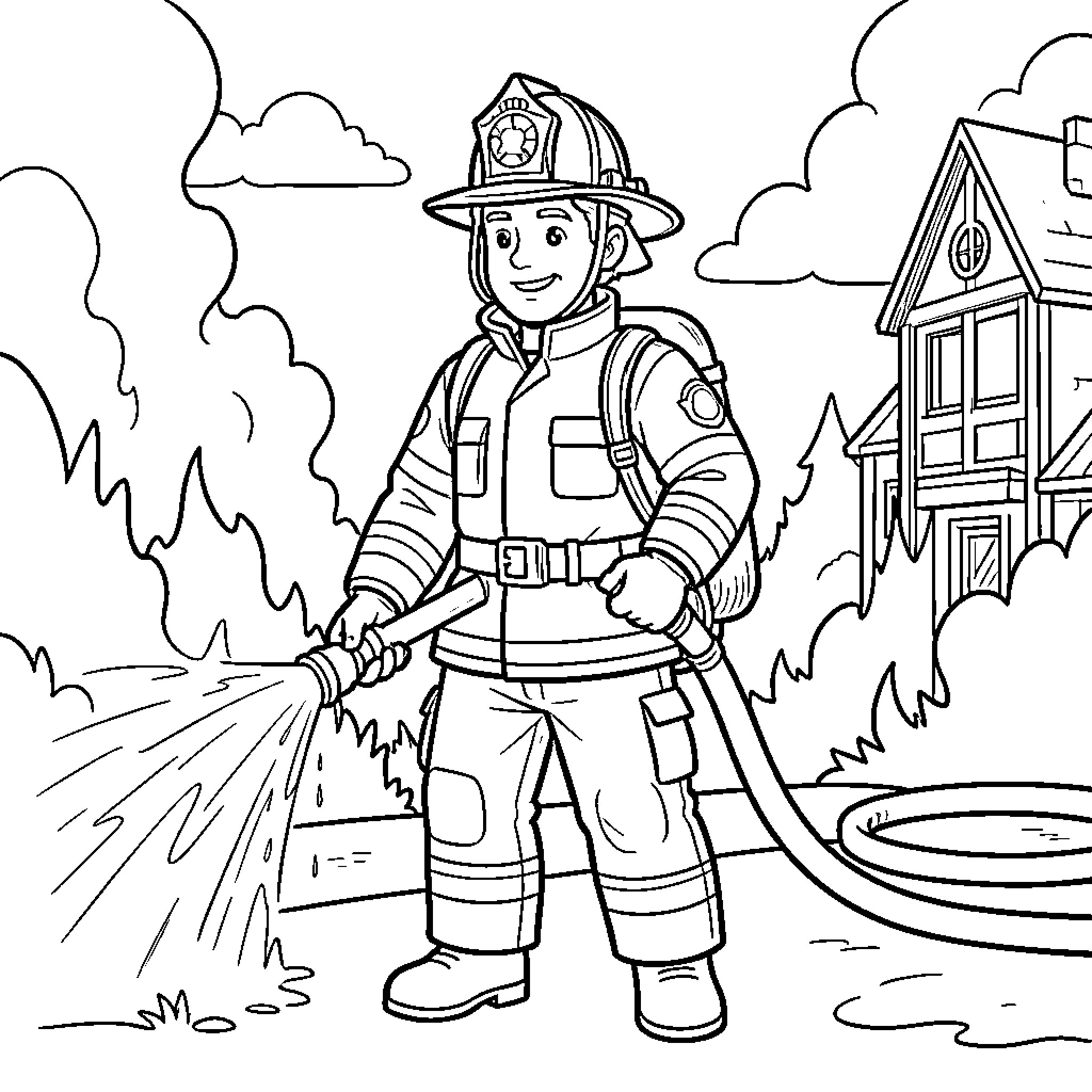 Firefighter battling a blaze in a town Coloring Page (free black-and-white line drawing printable PDF for all, from beginners to advanced learners, including children, teens, adults, and seniors)