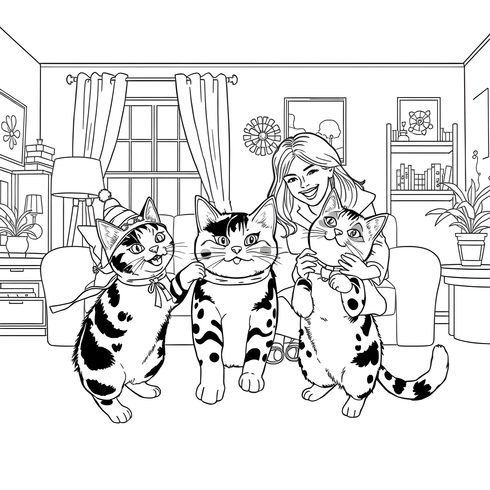 Cats Cuddling with Woman in Home Coloring Page (free black-and-white line drawing printable PDF for all, from beginners to advanced learners, including children, teens, adults, and seniors)