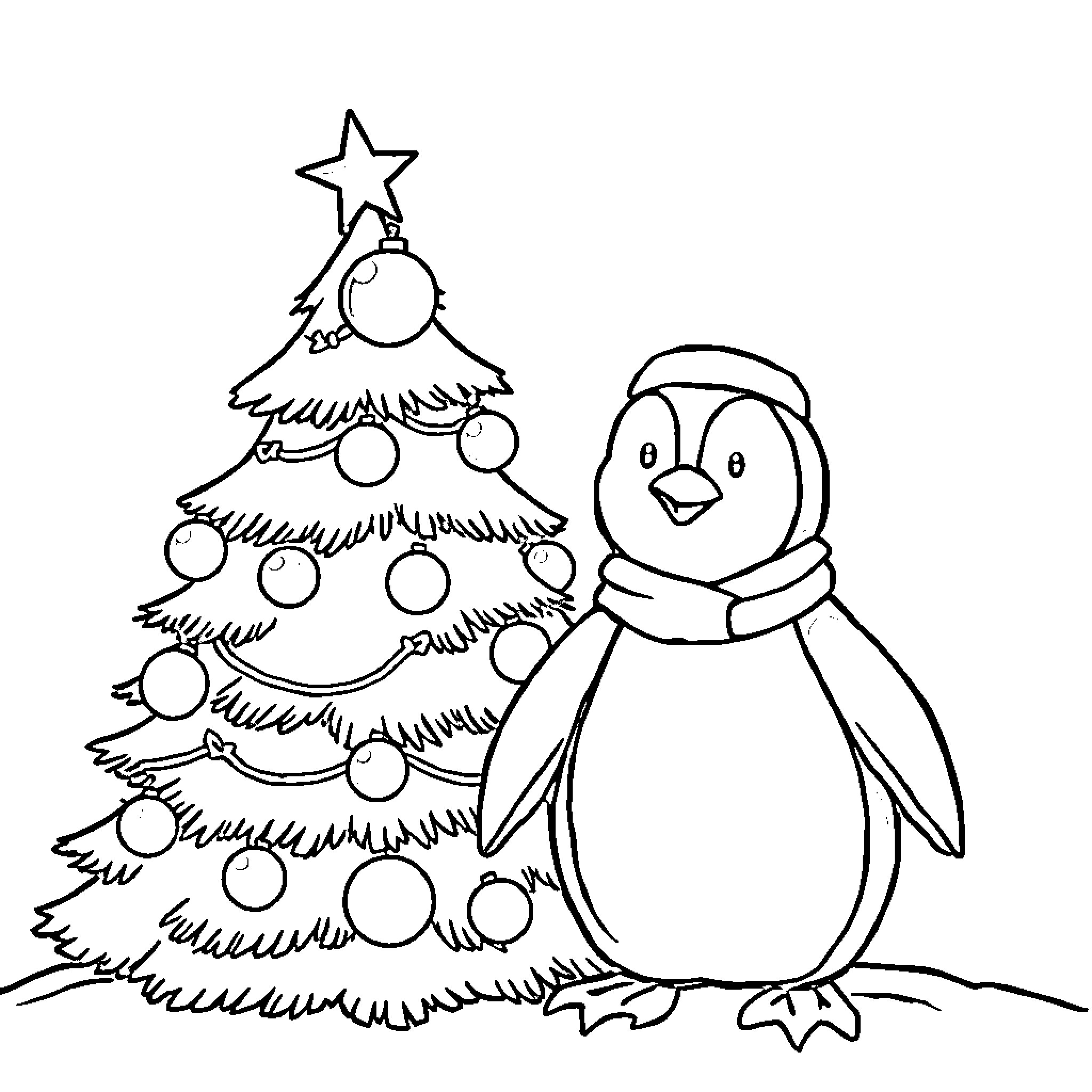 Penguin decorating Christmas tree Coloring Page (free black-and-white line drawing printable PDF for all, from beginners to advanced learners, including children, teens, adults, and seniors)