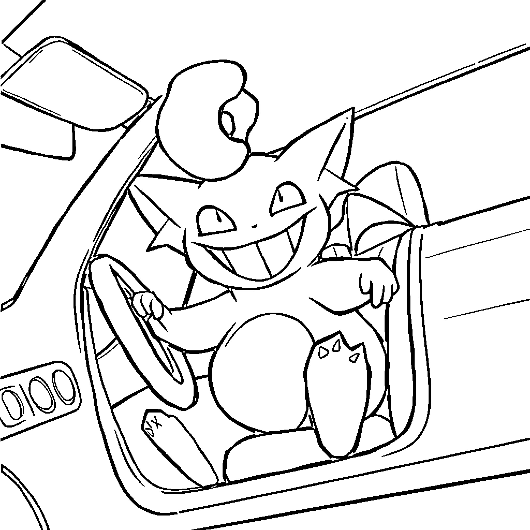 Gengar joyfully riding in a vehicle Coloring Page (free black-and-white line drawing printable PDF for all, from beginners to advanced learners, including children, teens, adults, and seniors)