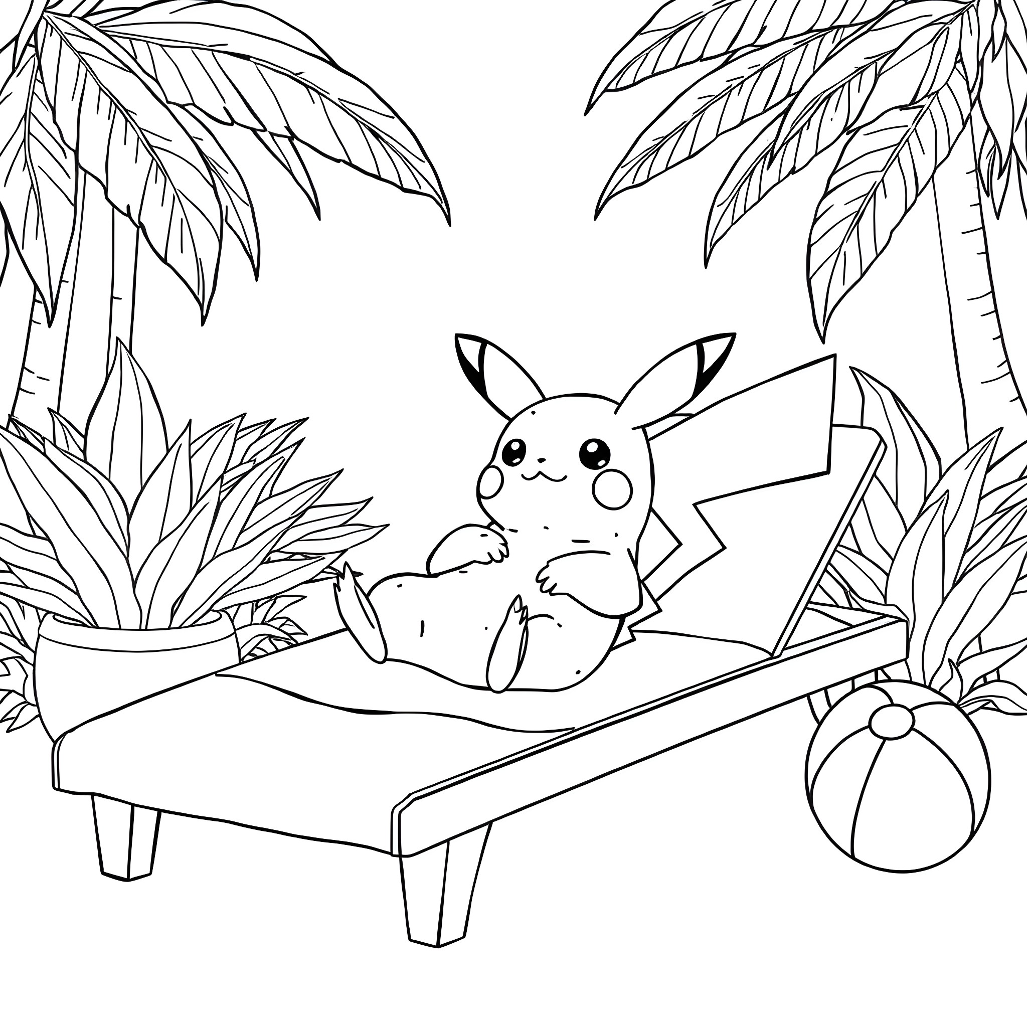 Pikachu relaxing on a beach chair under palm trees Coloring Page (free black-and-white line drawing printable PDF for all, from beginners to advanced learners, including children, teens, adults, and seniors)