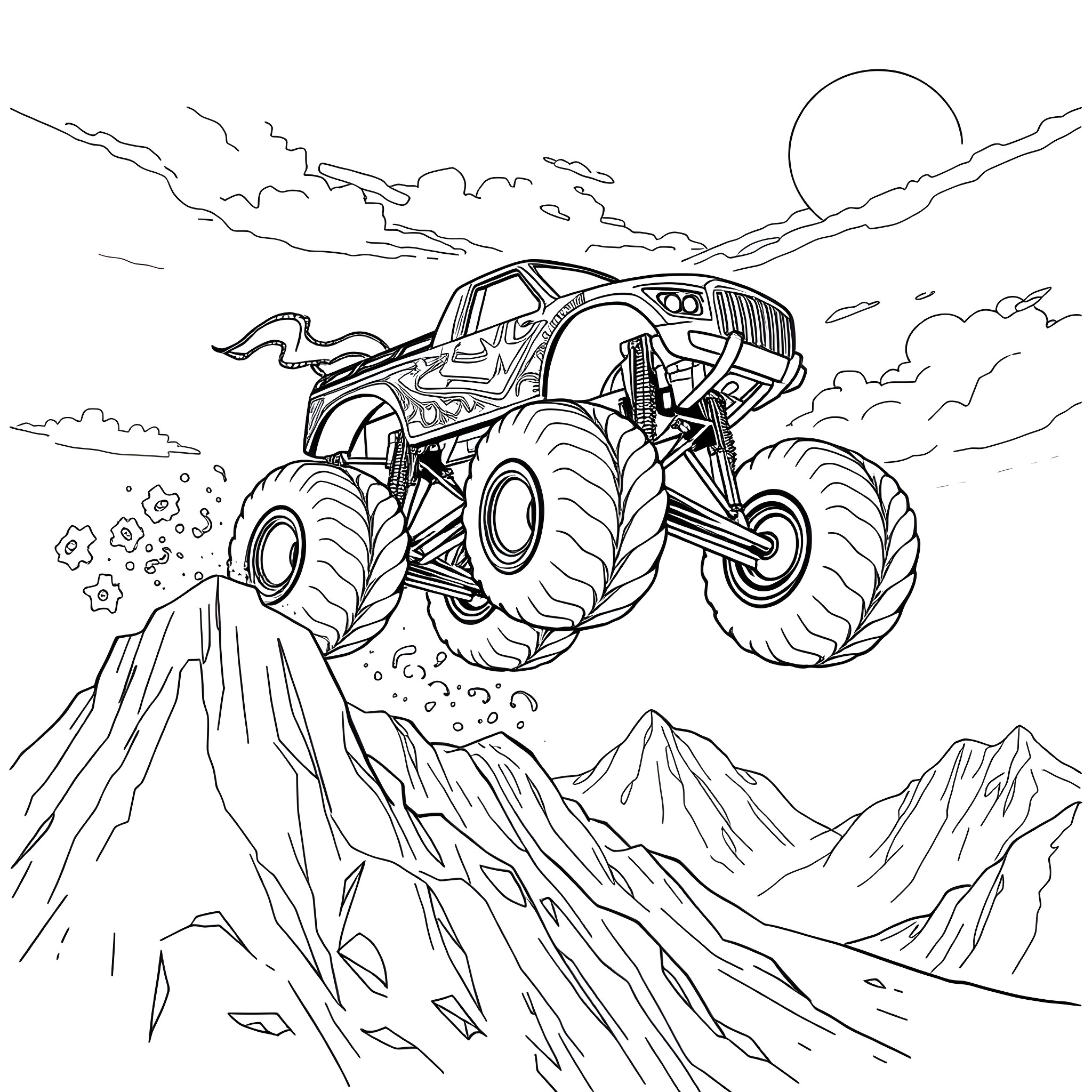 Monster Truck Conquering the Mountainous Terrain Coloring Page (free black-and-white line drawing printable PDF for all, from beginners to advanced learners, including children, teens, adults, and seniors)