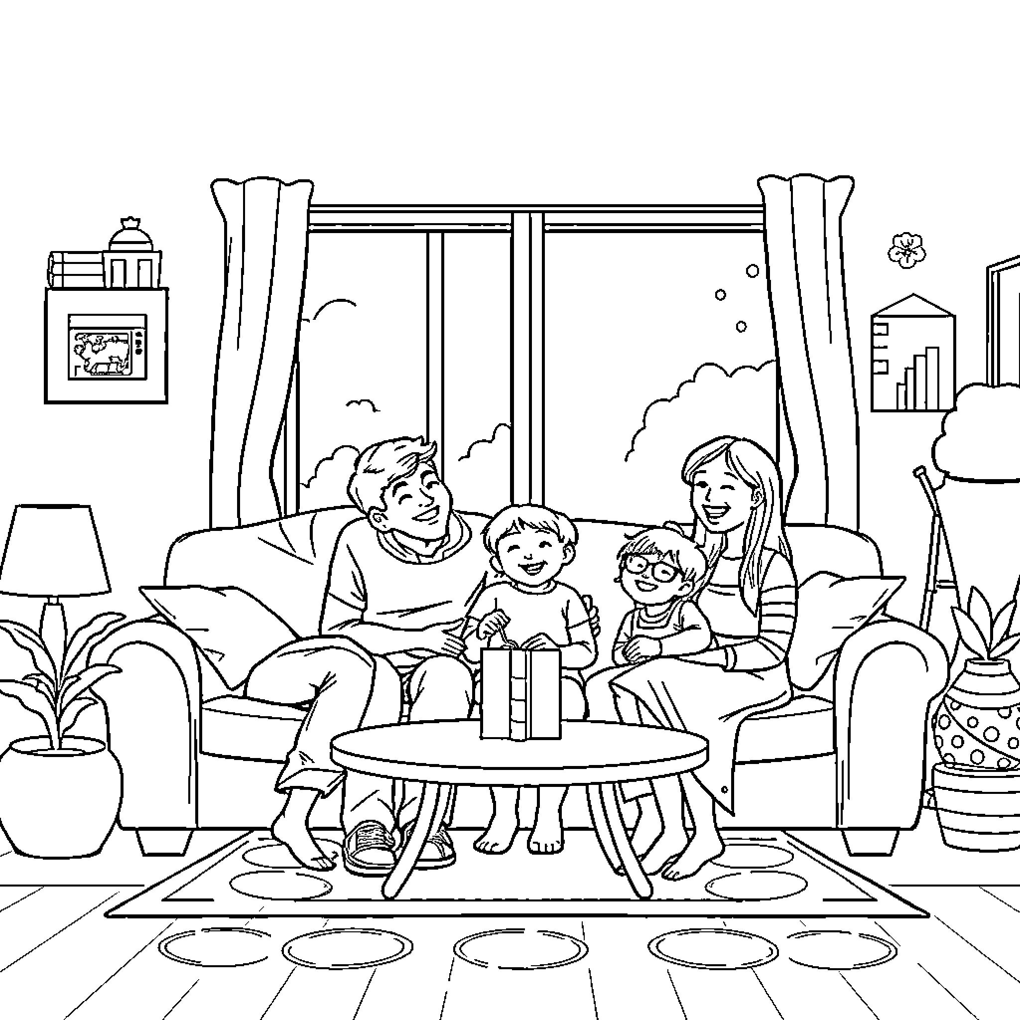 Family Enjoying Quality Time Together at Home Coloring Page (free black-and-white line drawing printable PDF for all, from beginners to advanced learners, including children, teens, adults, and seniors)
