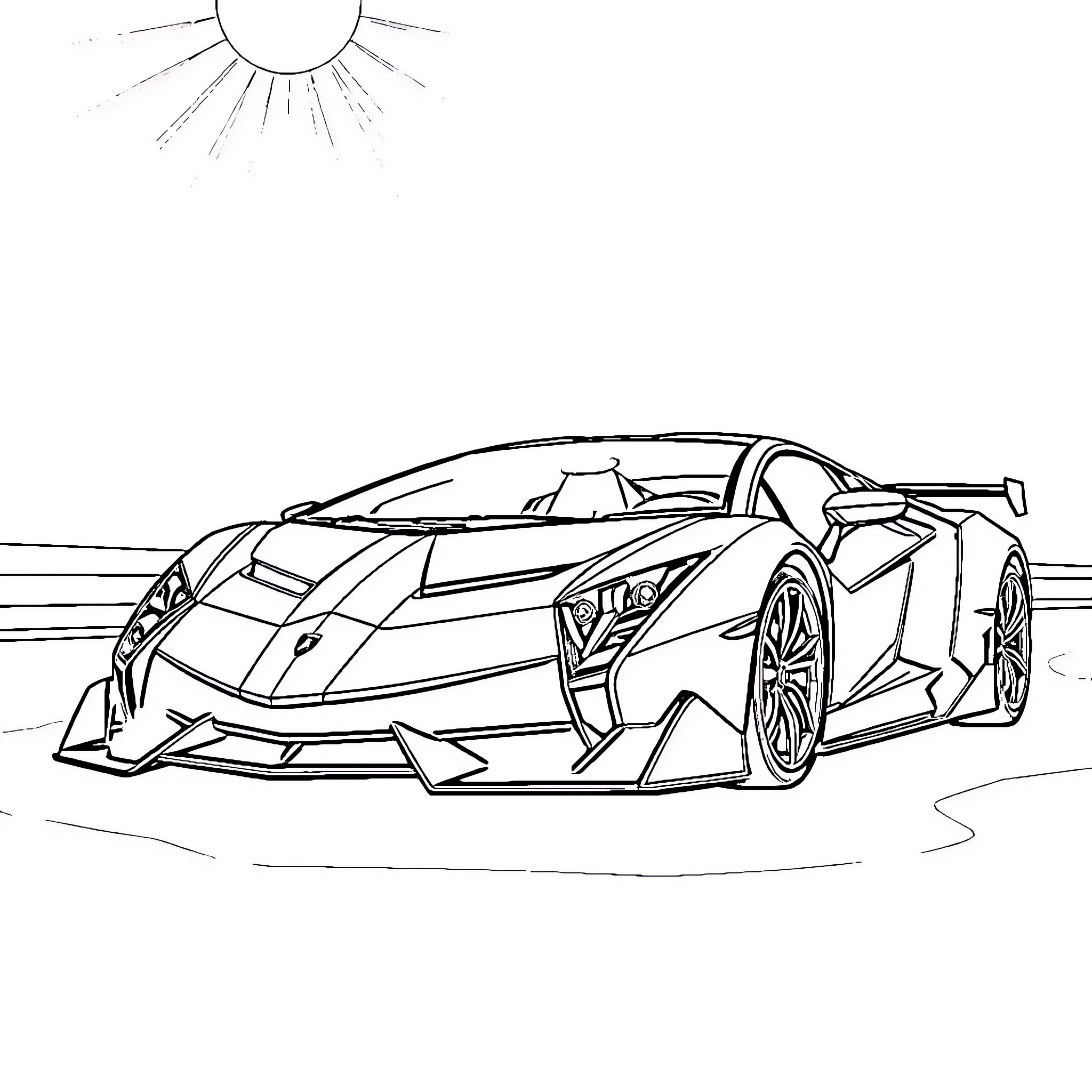 Lamborghini sports car in sleek design Coloring Page (free black-and-white line drawing printable PDF for all, from beginners to advanced learners, including children, teens, adults, and seniors)