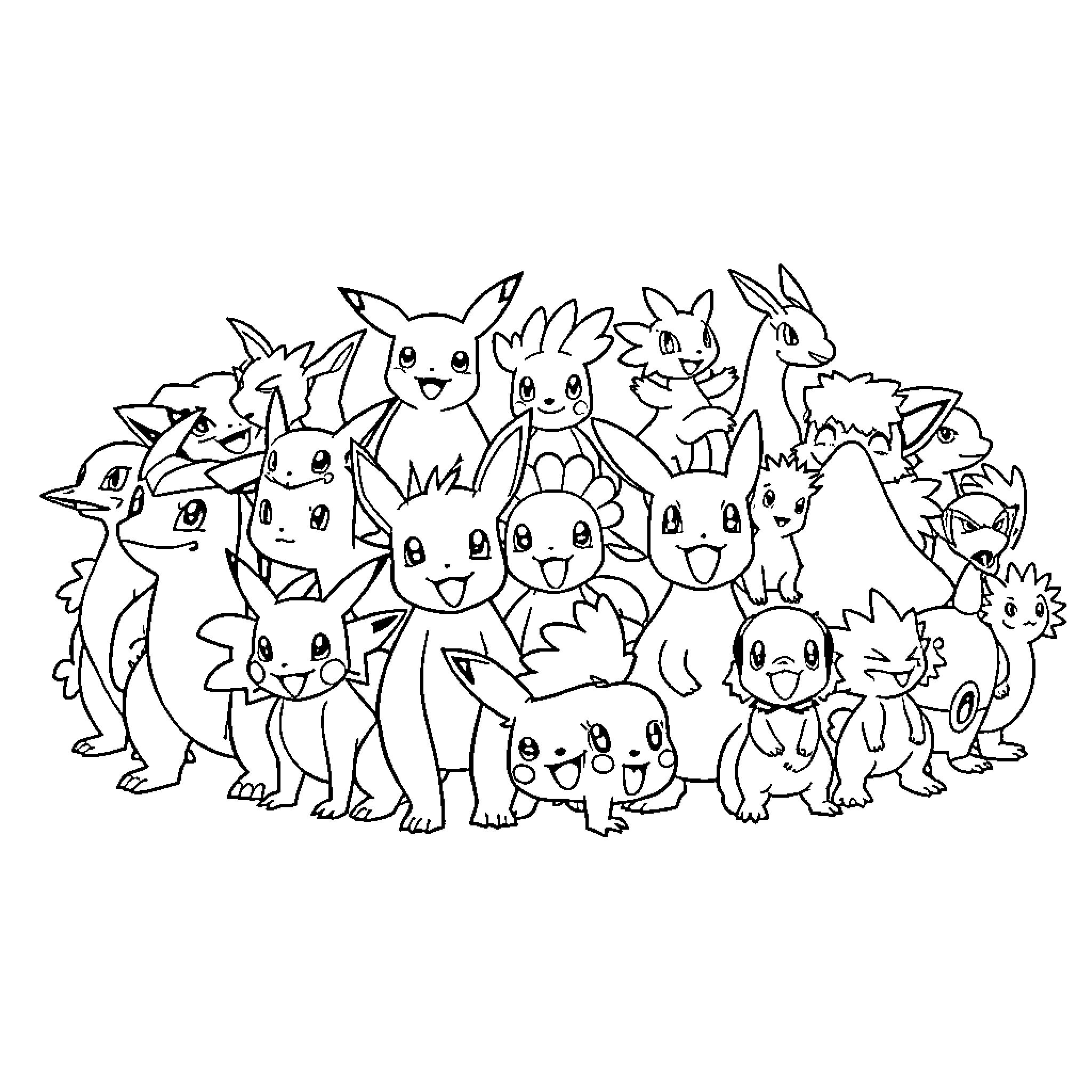 Pokémon characters gathered happily together Coloring Page (free black-and-white line drawing printable PDF for all, from beginners to advanced learners, including children, teens, adults, and seniors)